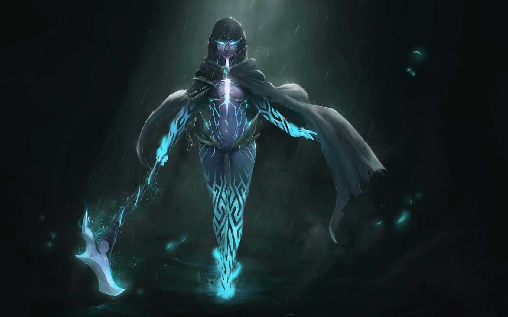Phantom Assassin, glowing blue runes, spectral axe, HD Desktop Wallpaper
