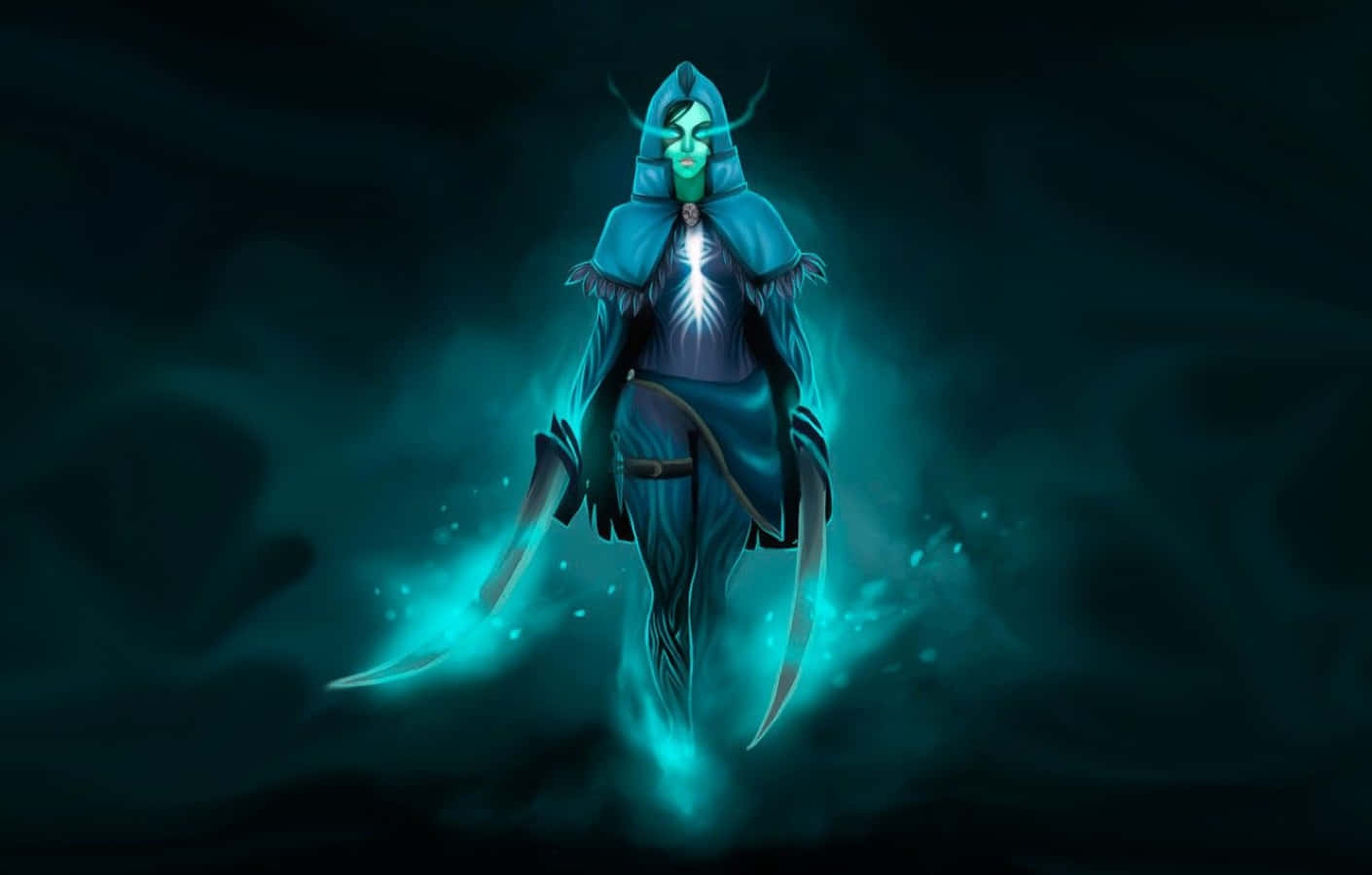 Phantom Assassin, glowing green-skinned, hooded figure, HD Desktop Wallpaper