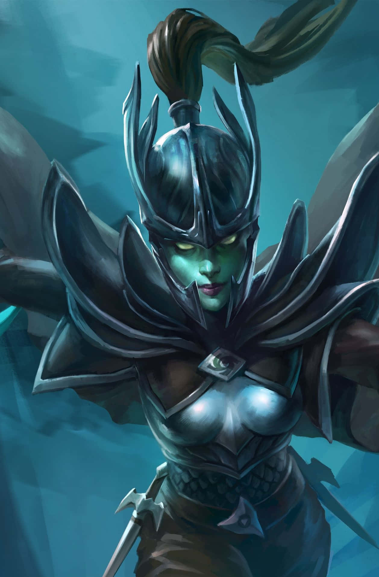 Phantom Assassin, green-skinned warrior, ornate dark armor, HD Phone Wallpaper