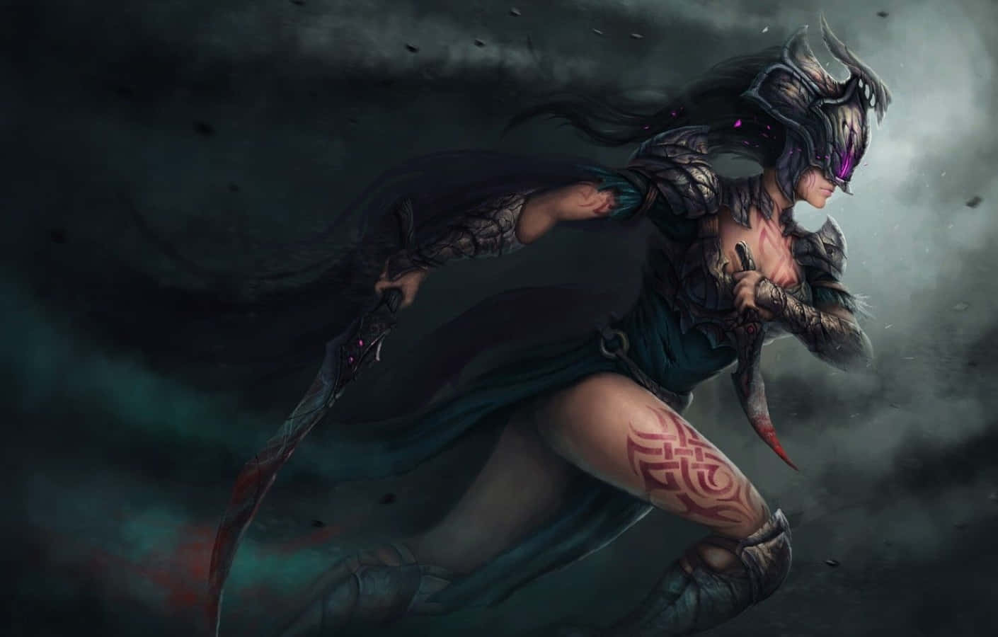 Phantom Assassin, glowing purple eyes, tribal tattoos, HD Desktop Wallpaper