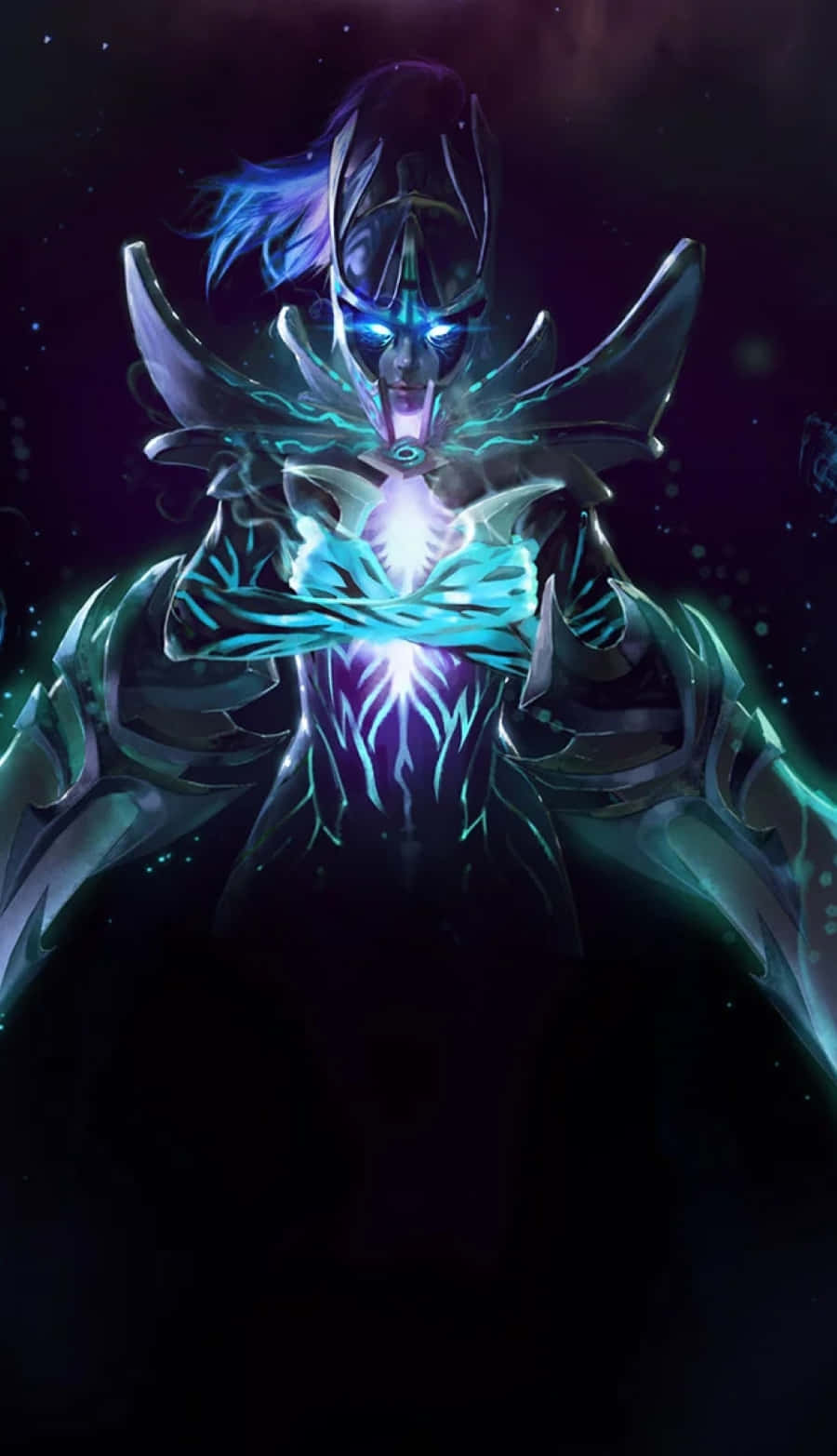 Phantom Assassin, glowing blue armored warrior, sharp horns, HD Phone Wallpaper