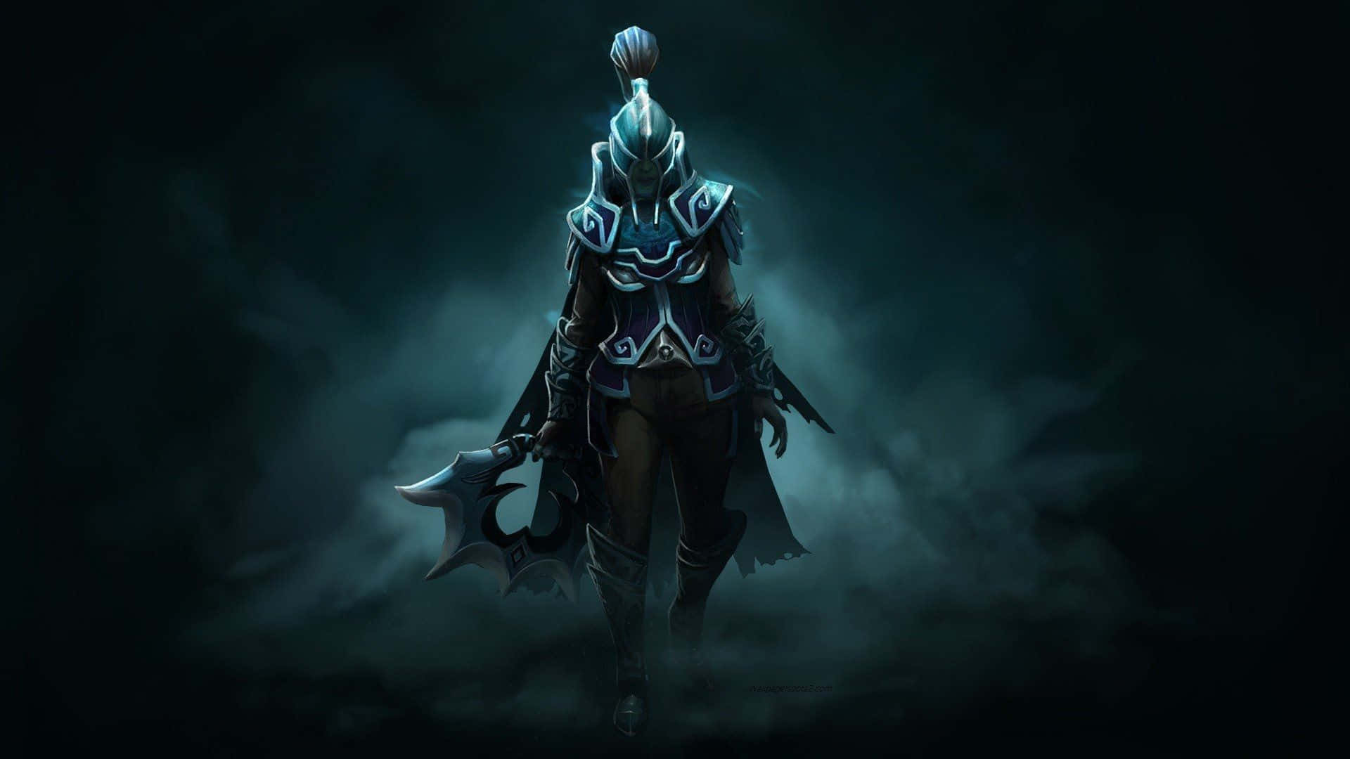 Phantom Assassin, cloaked armored warrior, glowing blue runes, Full HD Desktop Wallpaper