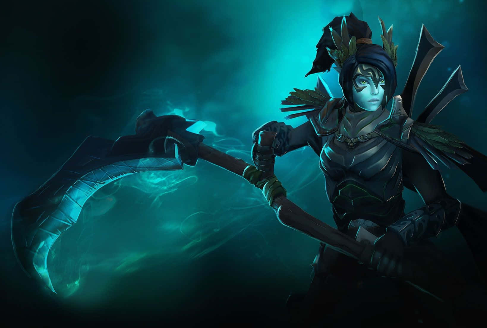 Phantom Assassin, glowing teal eyes, massive curved scythe, HD Desktop Wallpaper