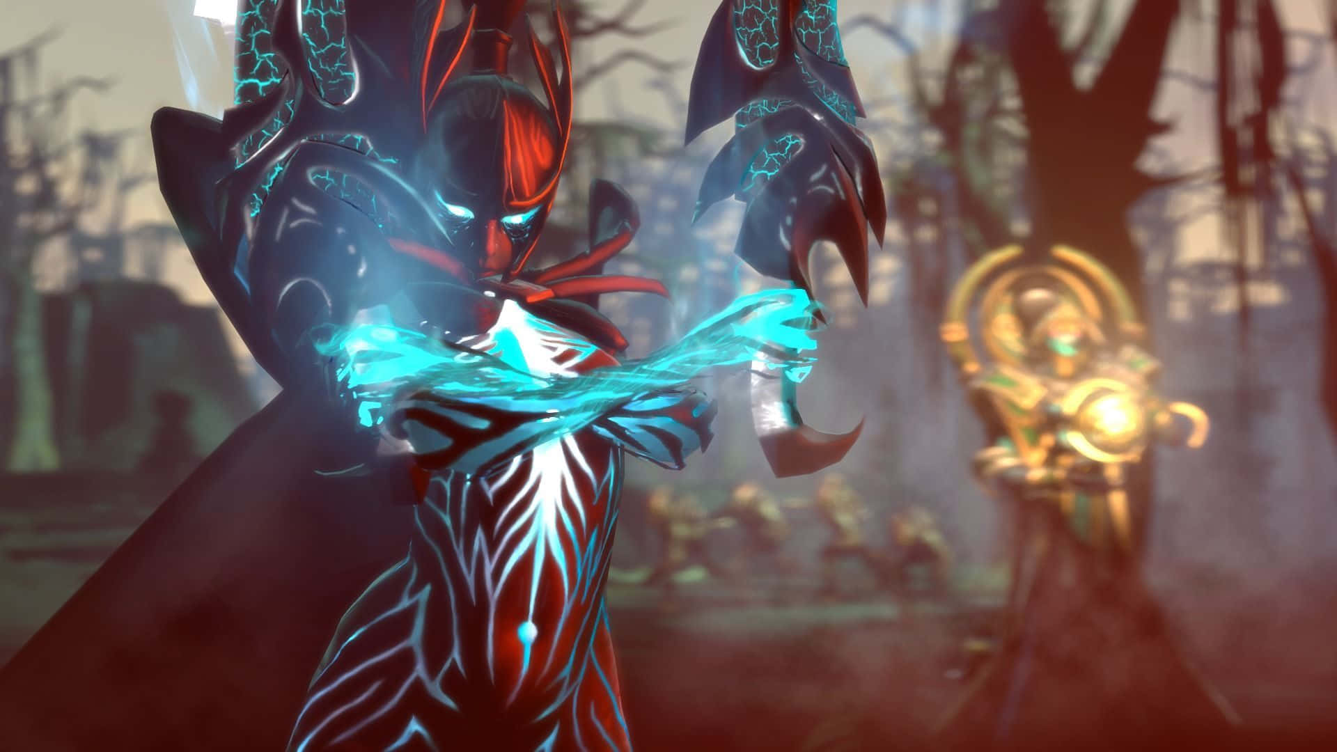 Phantom Assassin, glowing blue energy channels, misty forest, Full HD Desktop Wallpaper