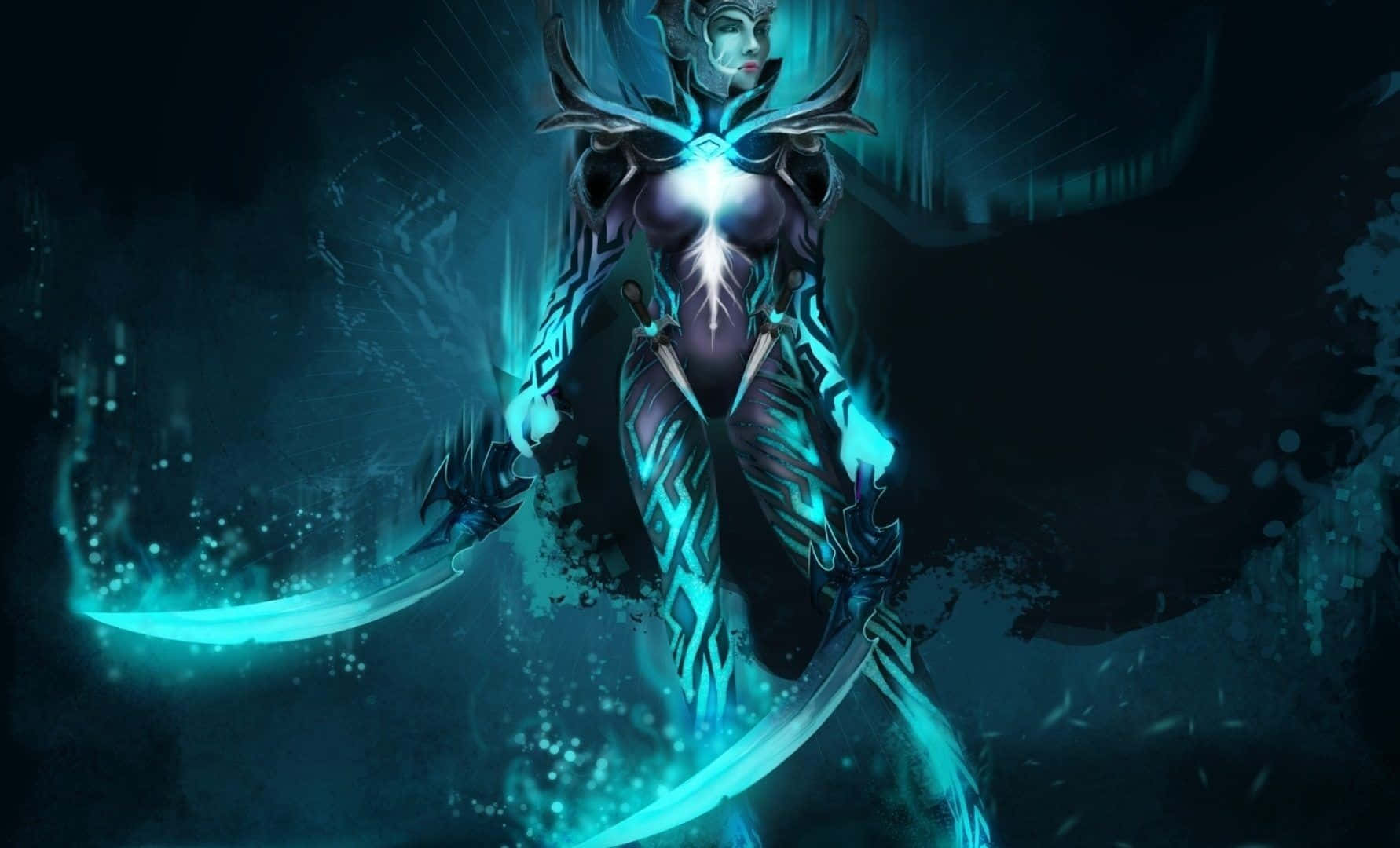 Phantom Assassin, glowing blue armored warrior, curved blades, HD Desktop Wallpaper