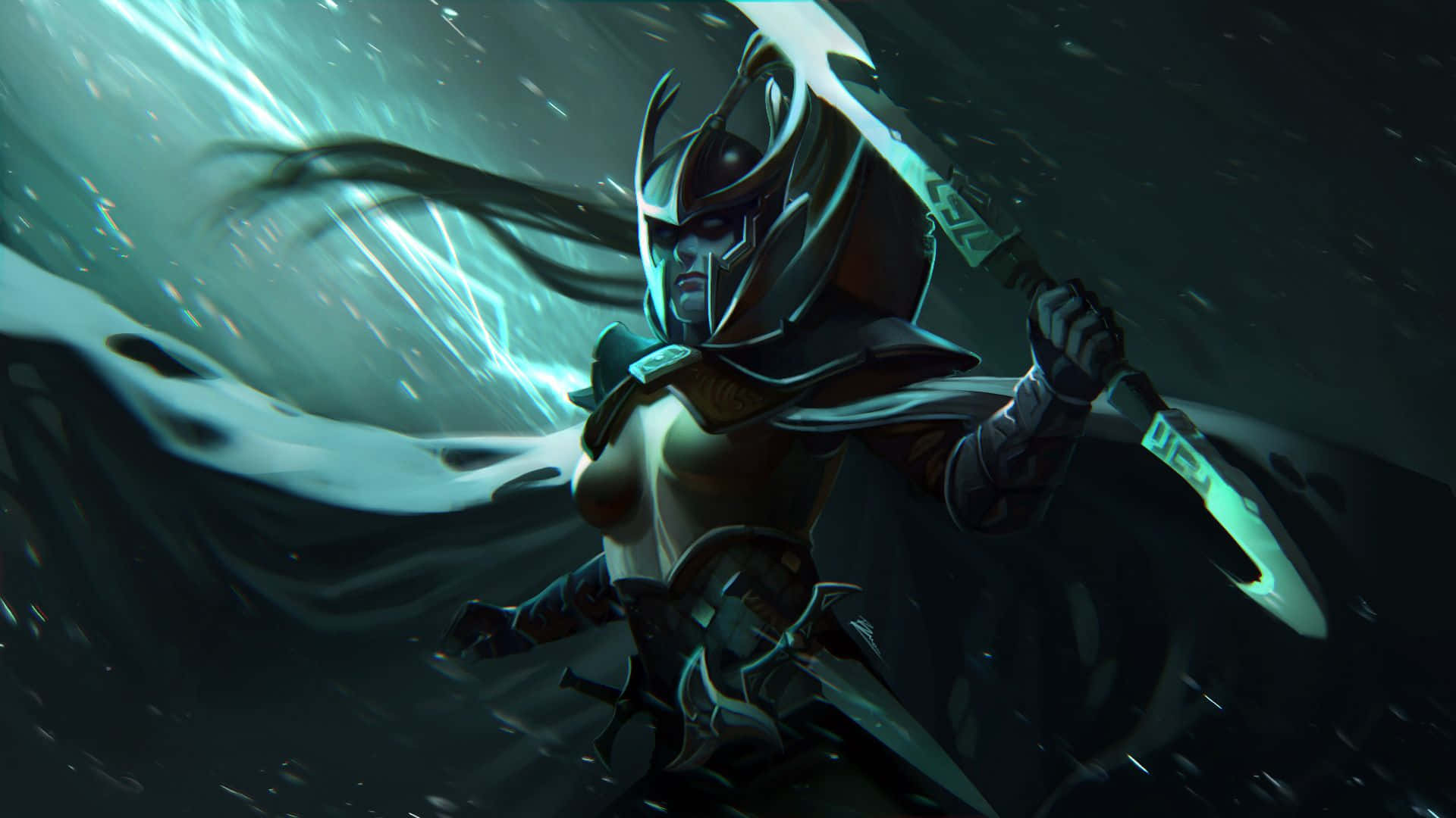 Phantom Assassin, glowing sword, swirling teal energy, Full HD Desktop Wallpaper