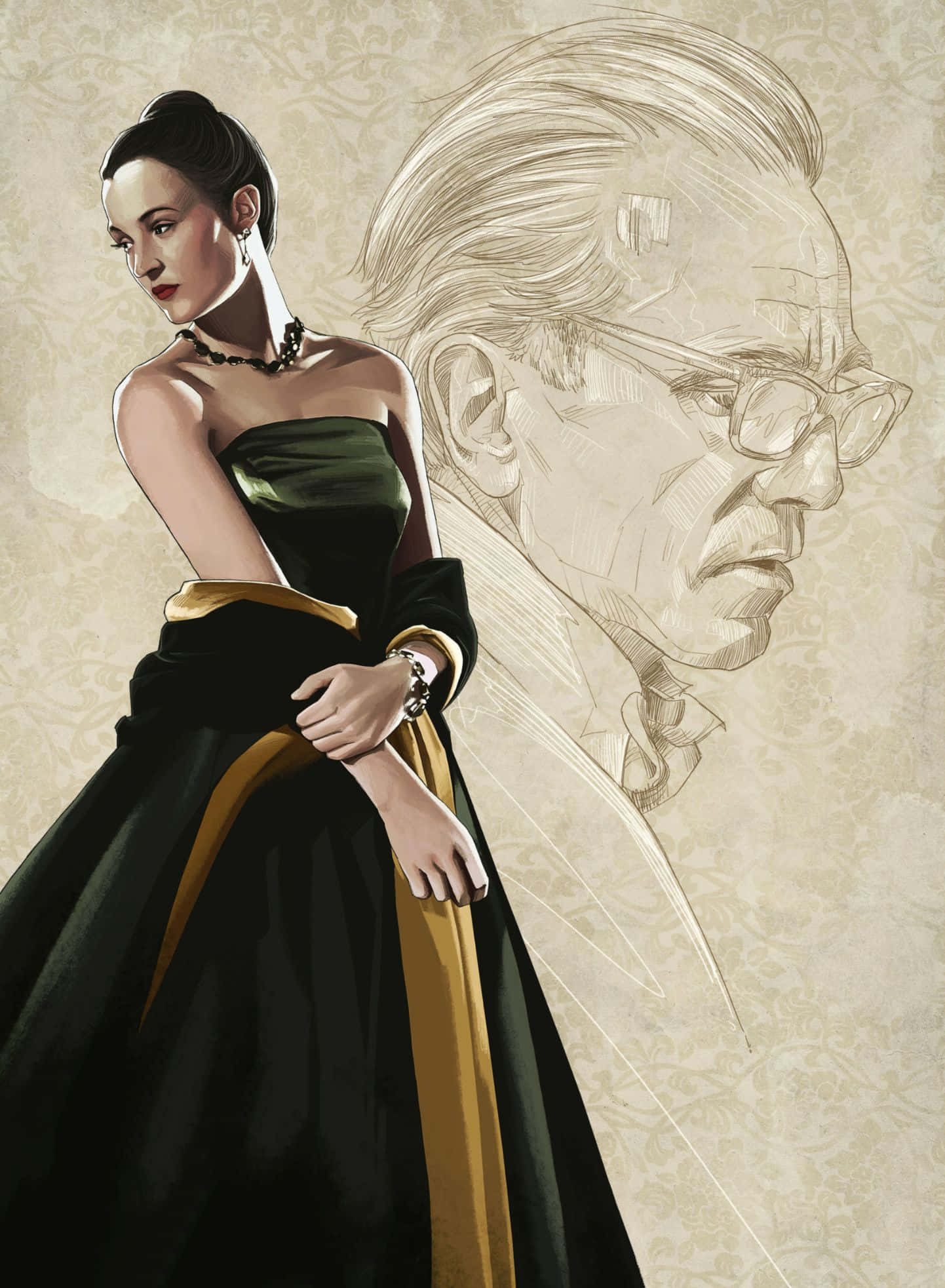 Phantom Thread, black and gold gown, sketched portrait of a man, Full HD Phone Wallpaper