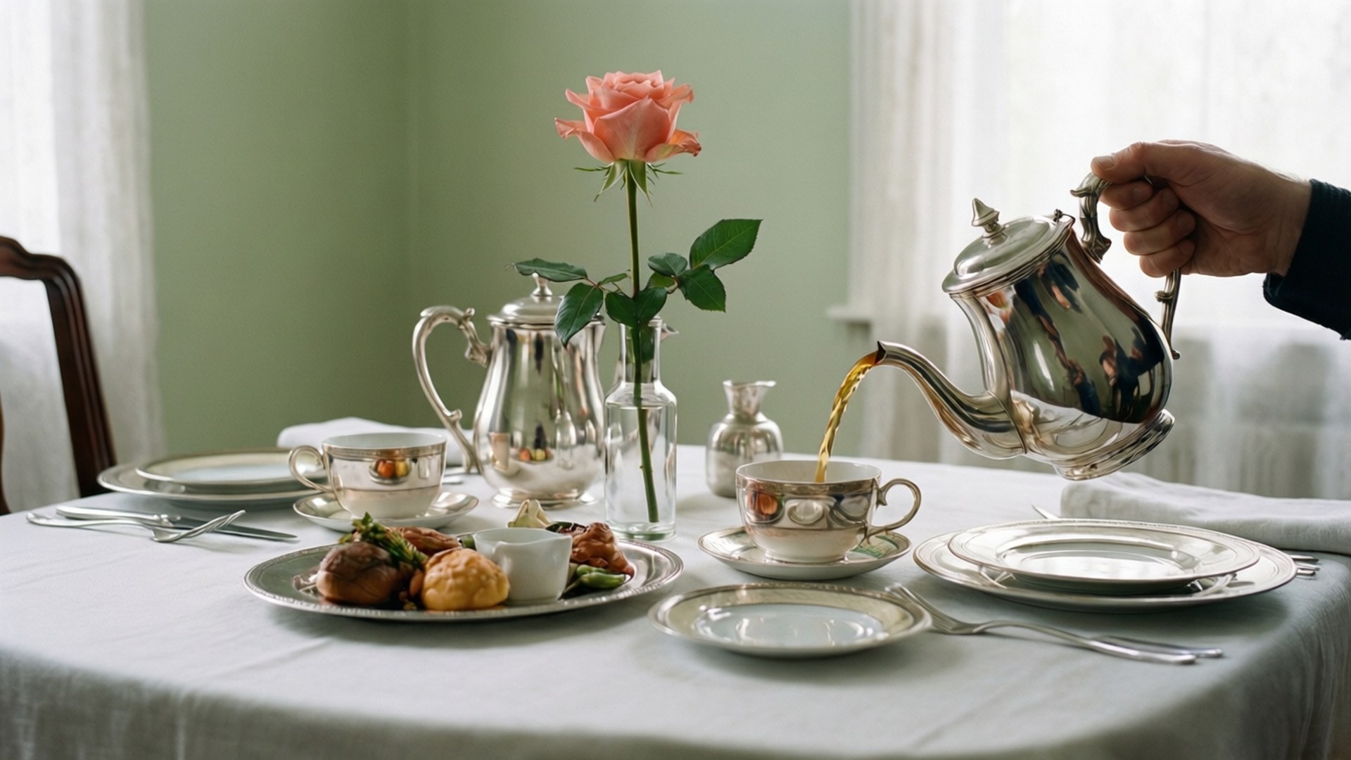 Phantom Thread, morning tea ritual, quiet breakfast scene, Full HD Desktop Wallpaper