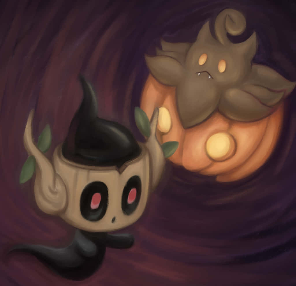 Phantump, pumpkin-headed ghost, glowing orbs, SD Desktop Wallpaper