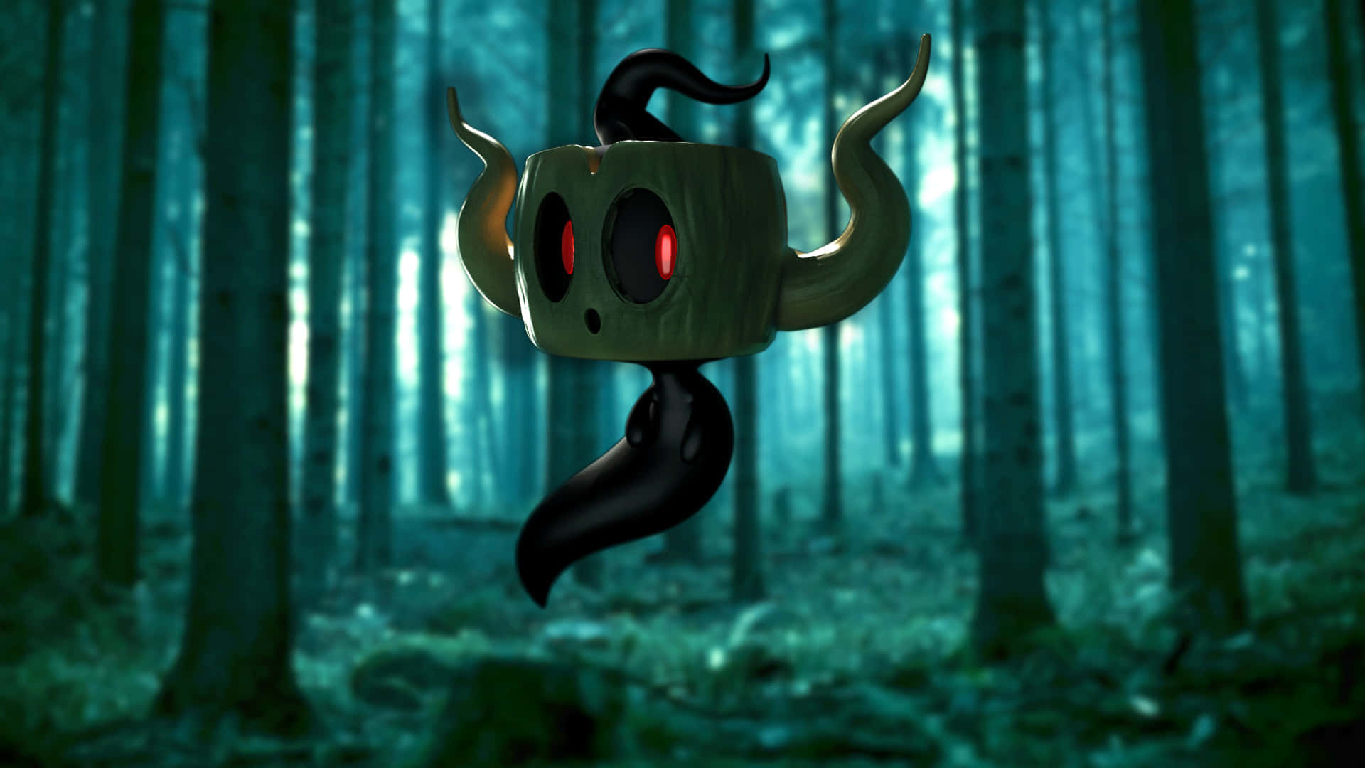 Phantump, misty teal forest, glowing red eyes, Full HD Desktop Wallpaper
