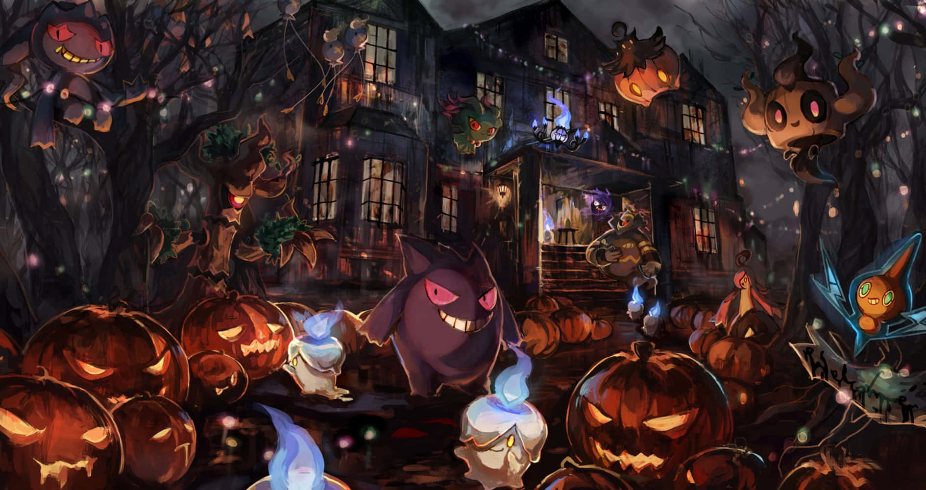 Phantump, haunted house, glowing jack-o'-lanterns, HD Desktop Wallpaper