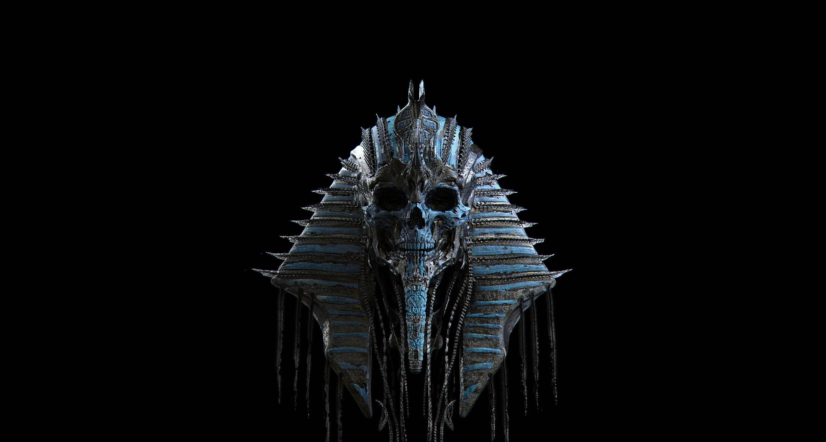 Pharaoh, blue-tinged skull, spiky headdress, 2K Desktop Wallpaper