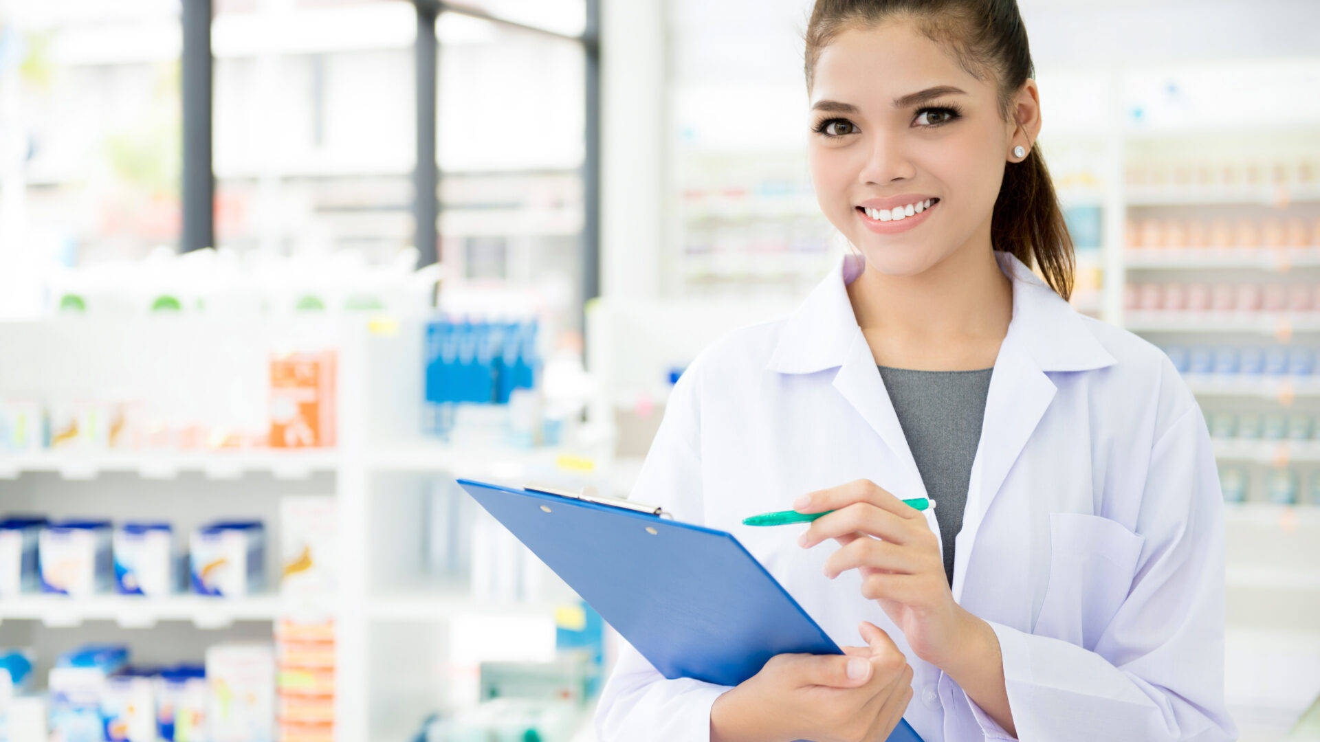 female pharmacist, white lab coat, blue clipboard, Full HD Desktop Wallpaper