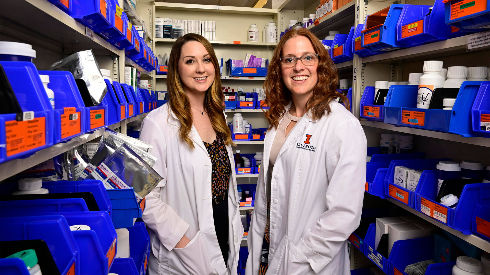 Pharmacists, white lab coats, blue bins, Full HD Desktop Wallpaper