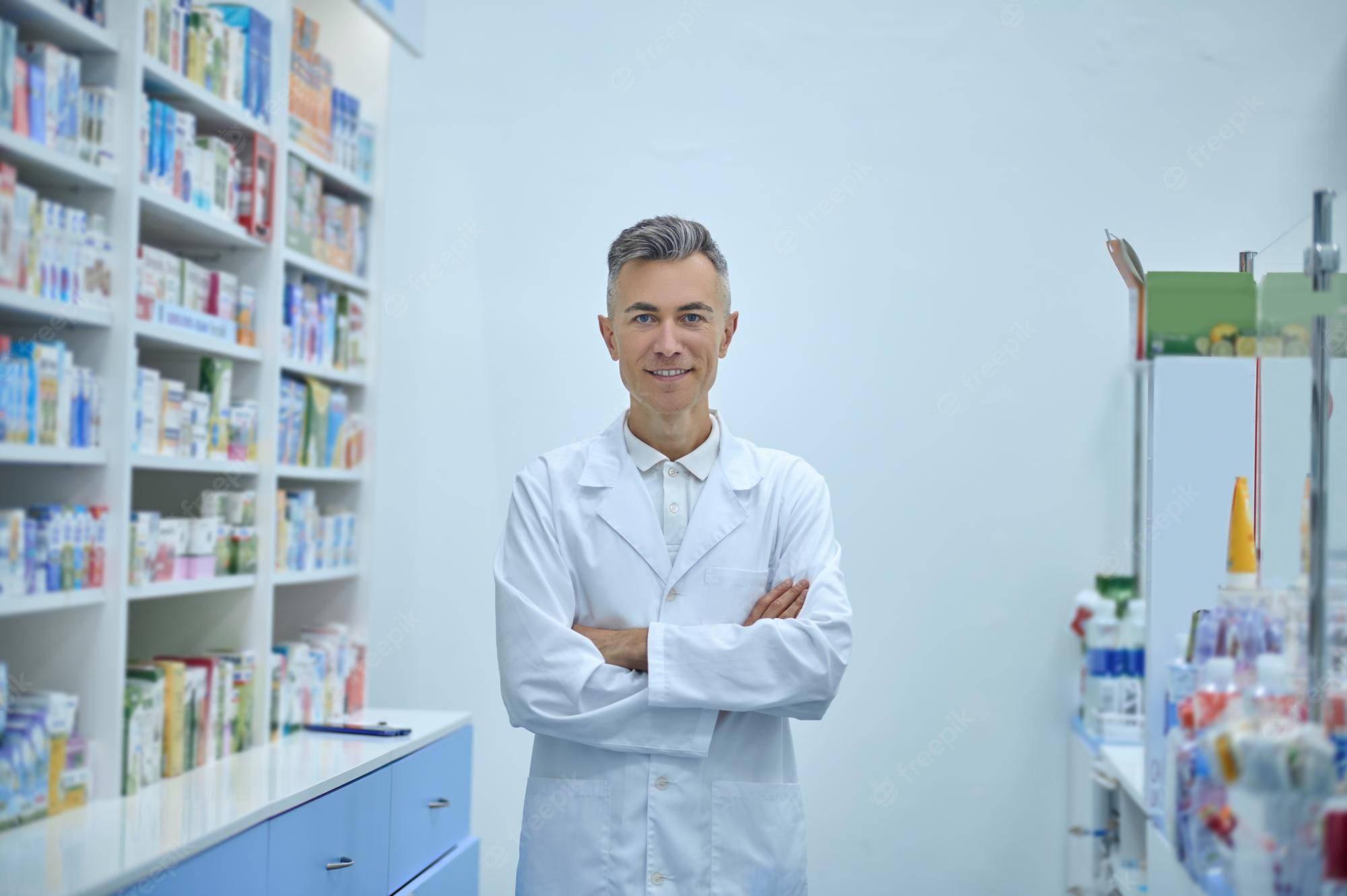 pharmacist, white lab coat, pharmacy aisle, Full HD Desktop Wallpaper