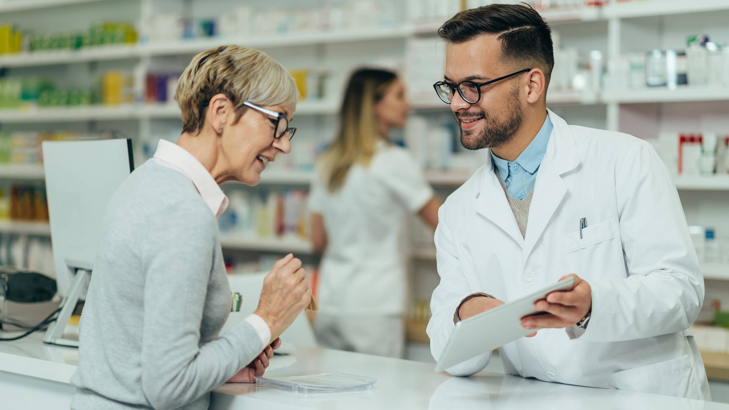 pharmacist, white coat, elderly woman, Full HD Desktop Wallpaper