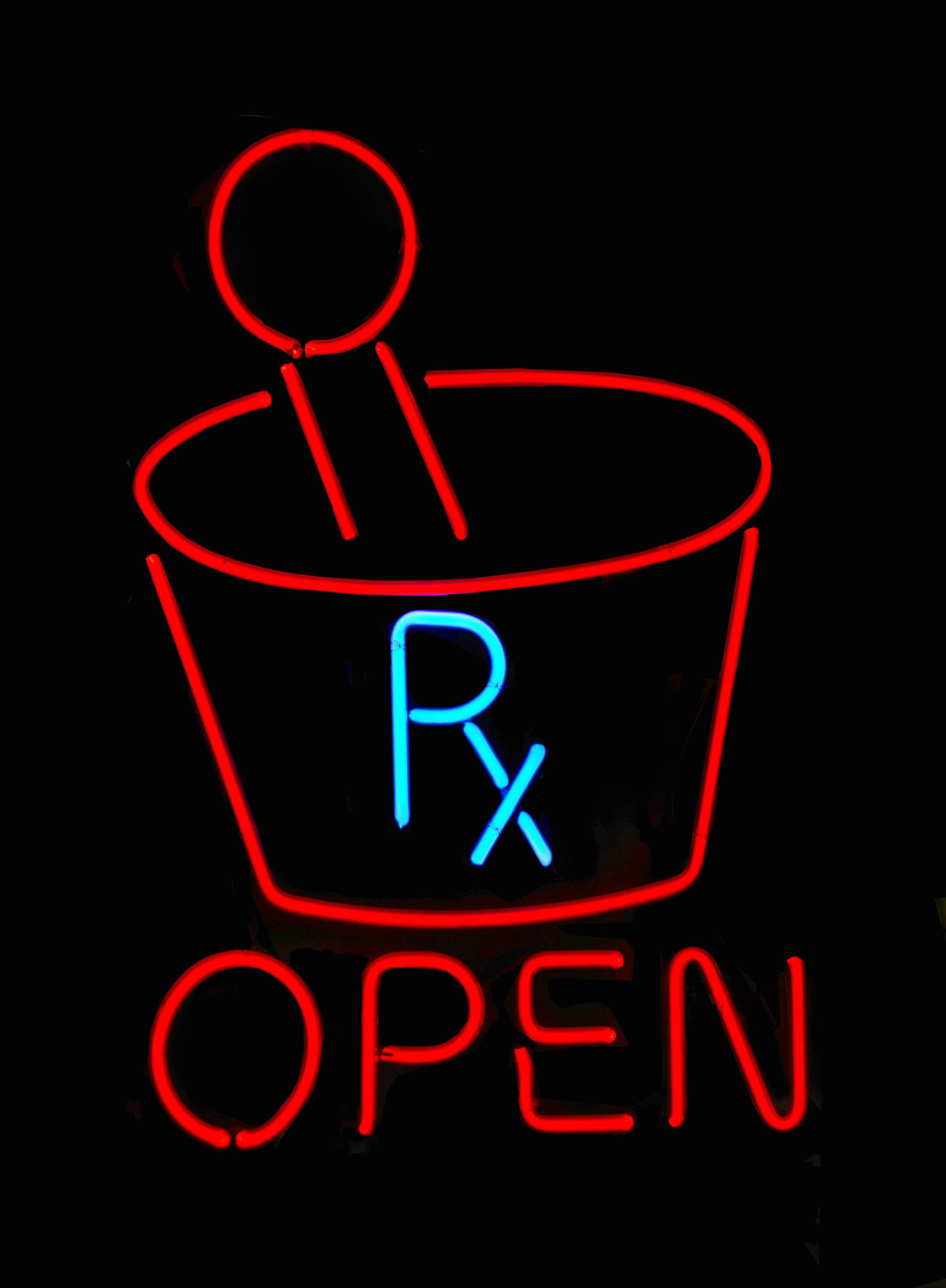 neon sign, red mortar and pestle, blue Rx symbol, 2K Phone Wallpaper