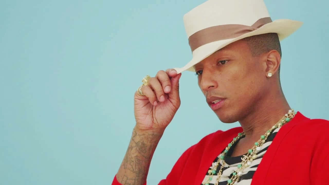 Pharrell Williams, white fedora, red cardigan, HD Desktop Wallpaper