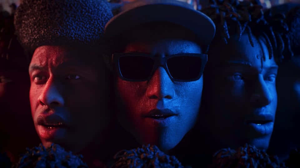 Pharrell Williams, dramatic red and blue lighting, dark setting, SD Desktop Wallpaper