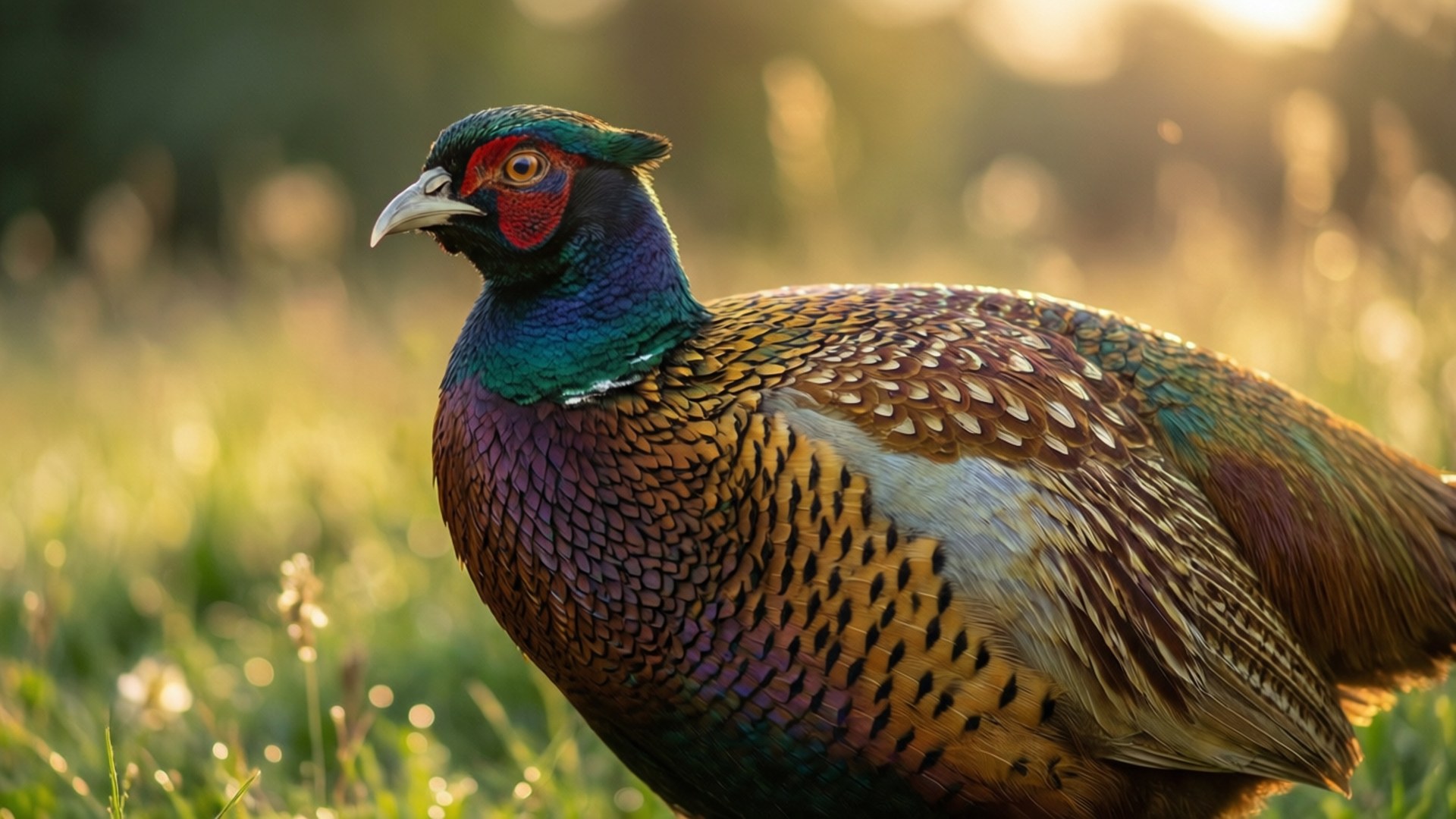 Golden Hour Pheasant, iridescent green neck, speckled brown wings, Full HD Desktop Wallpaper