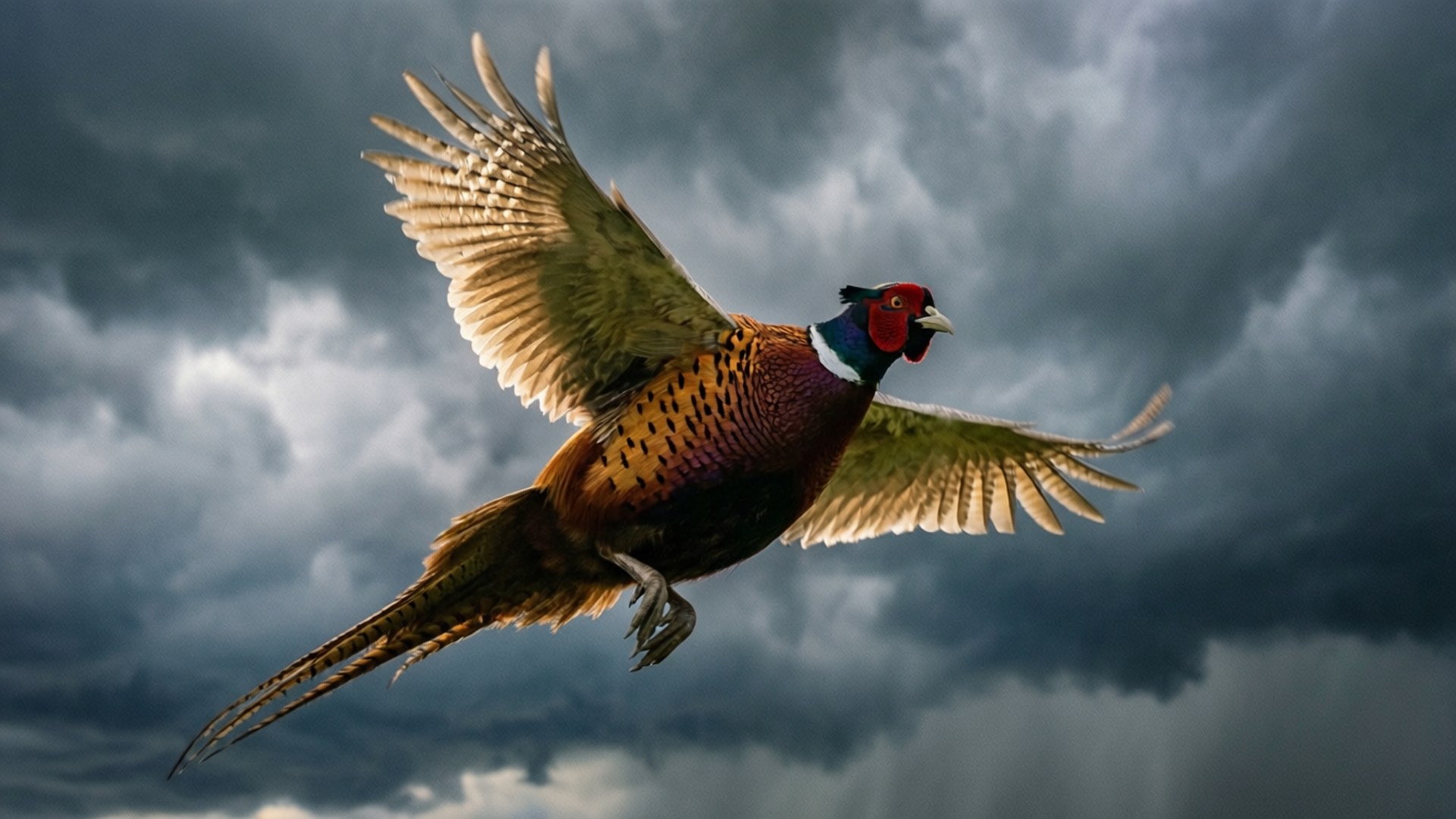 Pheasant, stormy sky, dark clouds, Full HD Desktop Wallpaper