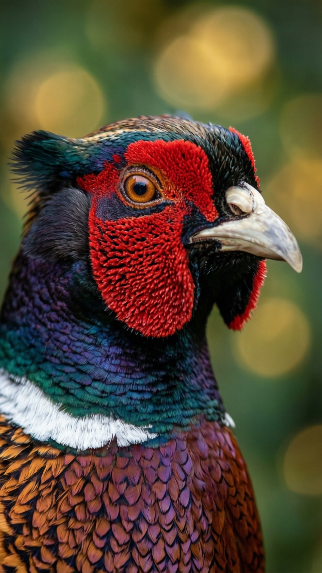 Pheasant, red facial skin, iridescent green neck feathers, Full HD Phone Wallpaper