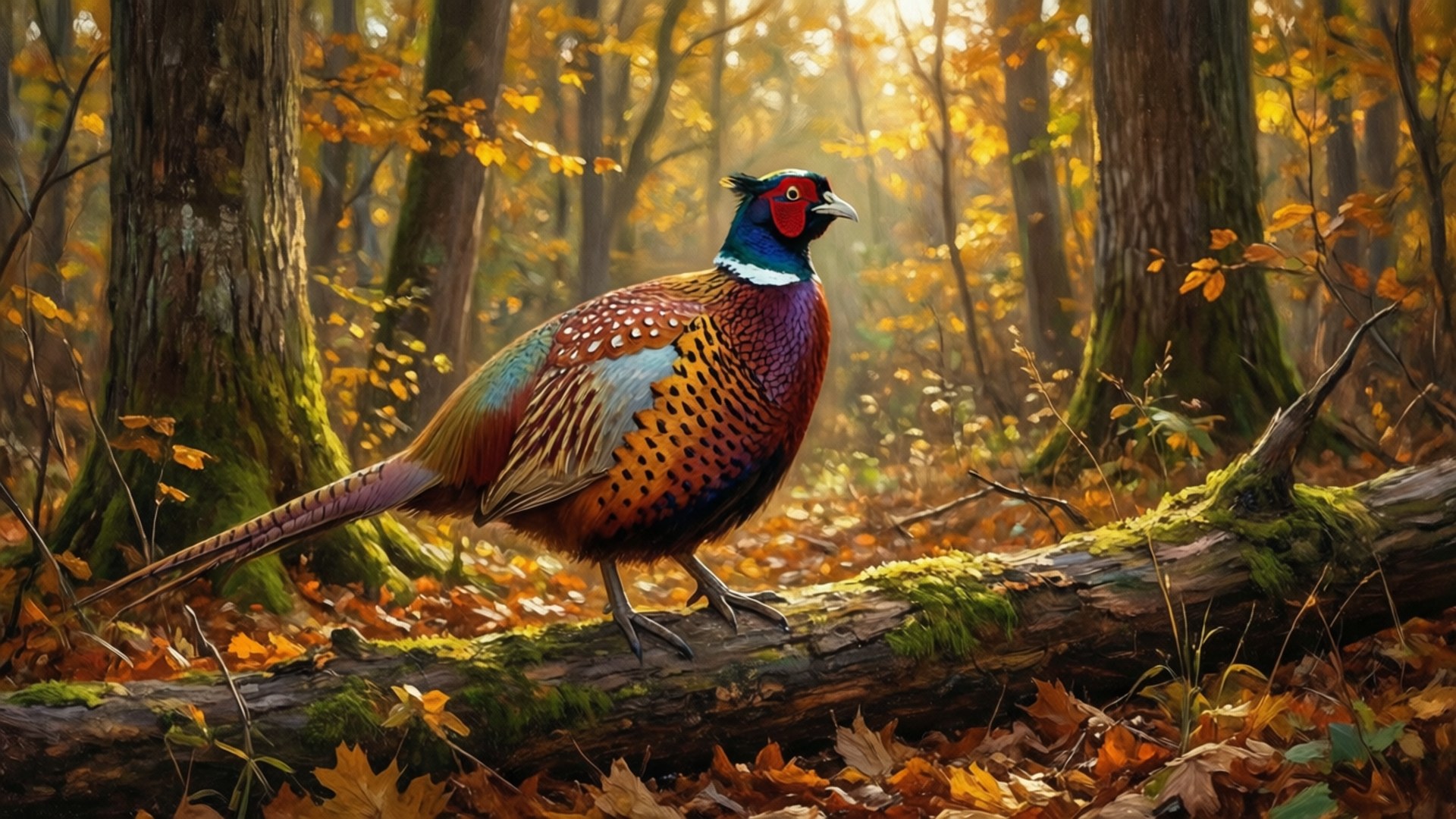 autumn pheasant, pheasant, log, Full HD Desktop Wallpaper