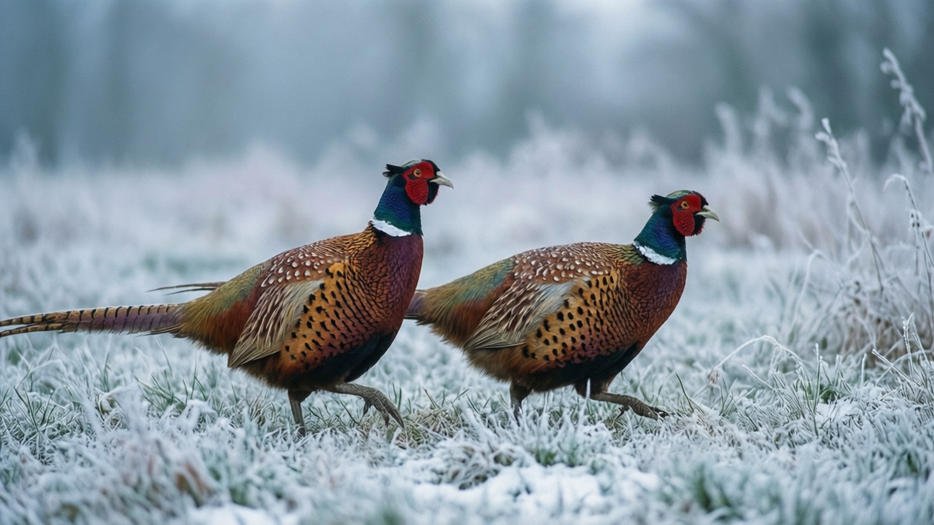 winter pheasants, frosty field, soft mist, Full HD Desktop Wallpaper