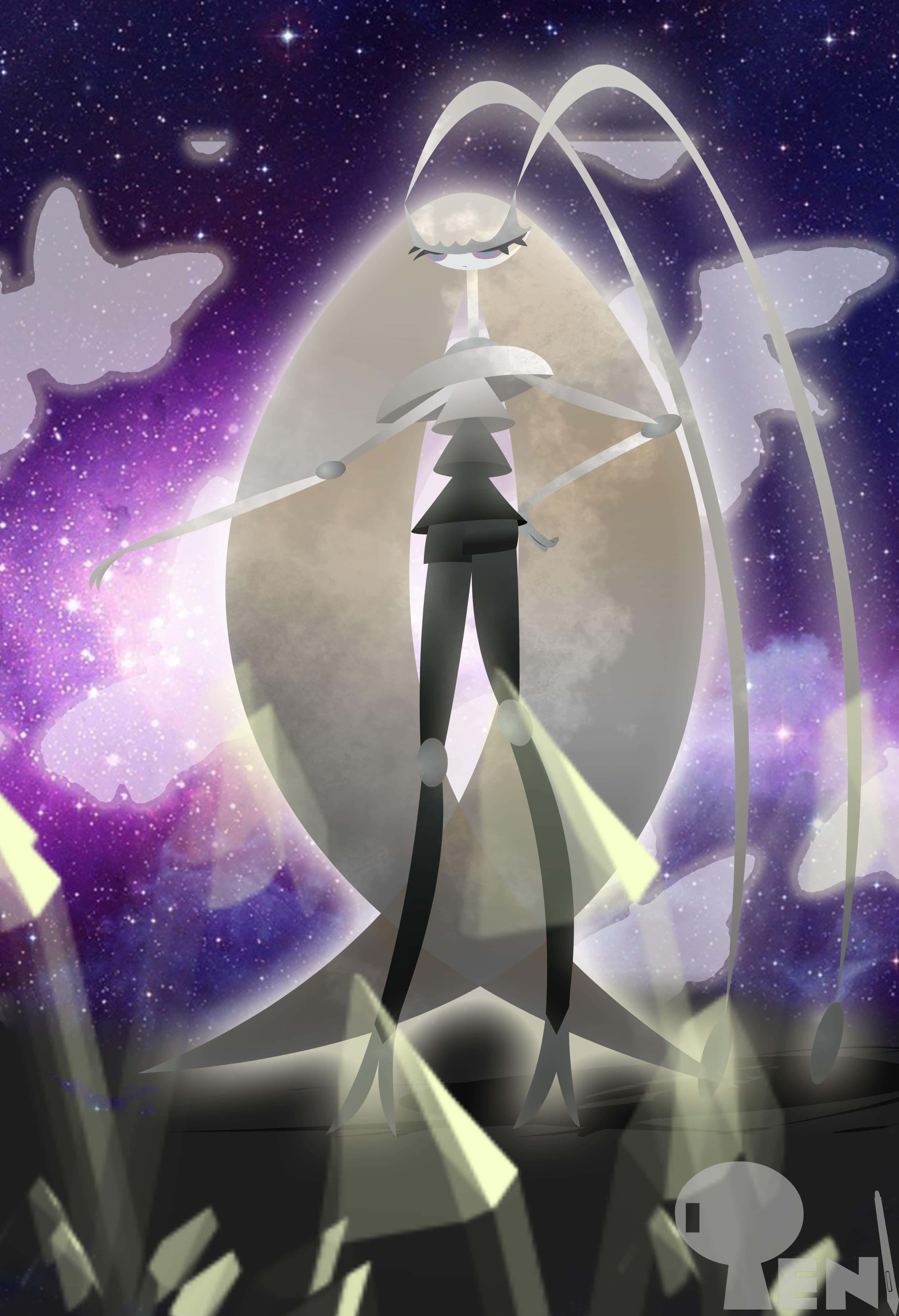 Pheromosa, purple galaxy background, glowing moon, 4K Phone Wallpaper