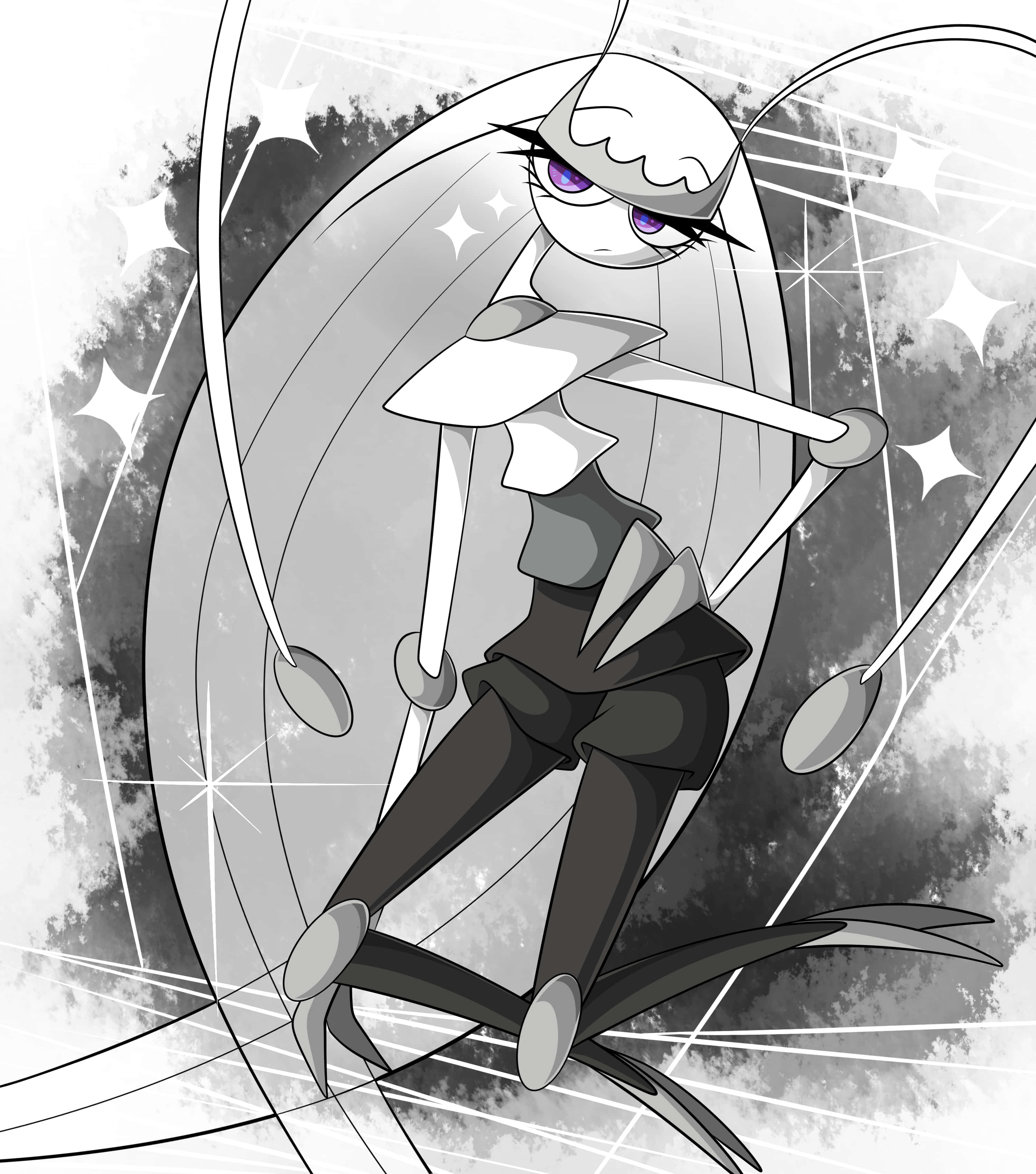 Pheromosa, black and white, starry monochrome background, 2K Phone Wallpaper