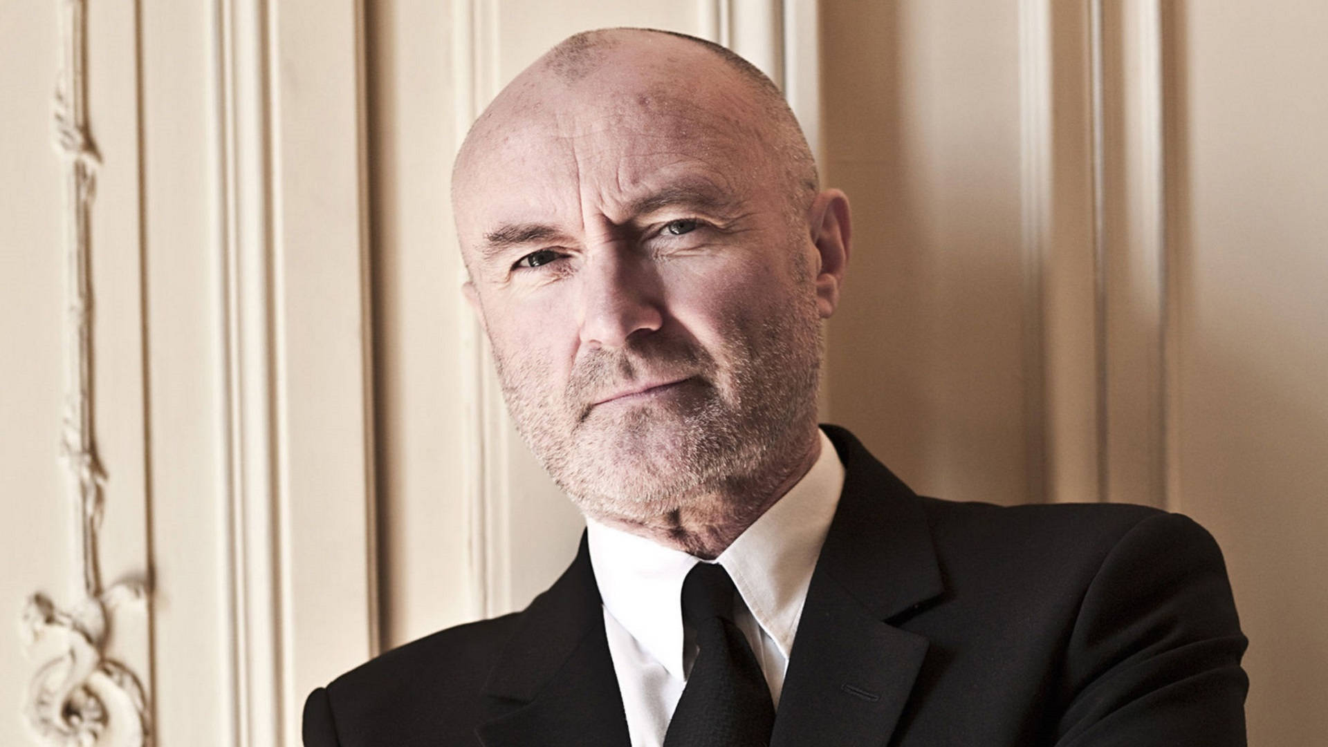 Phil Collins, black suit, white shirt, Full HD Desktop Wallpaper