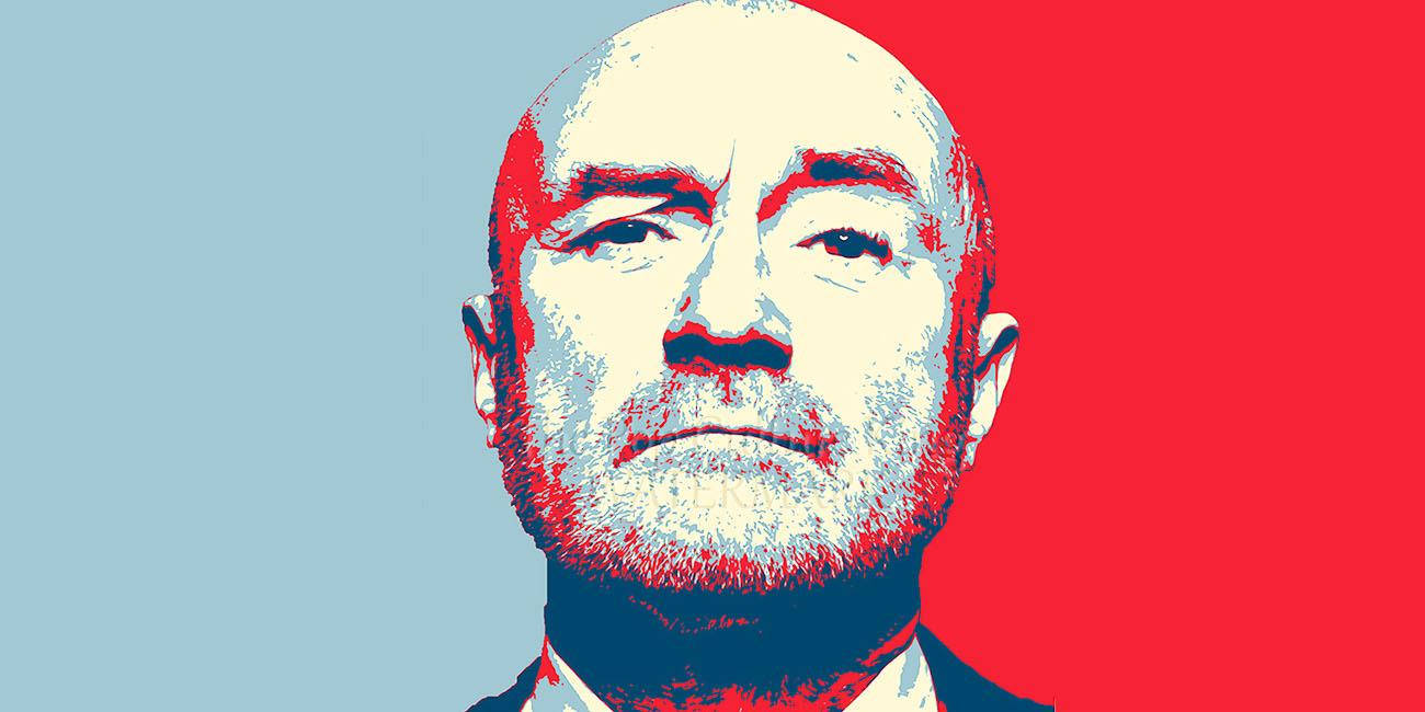 Phil Collins, bald man with a beard, split red and blue background, HD Desktop Wallpaper