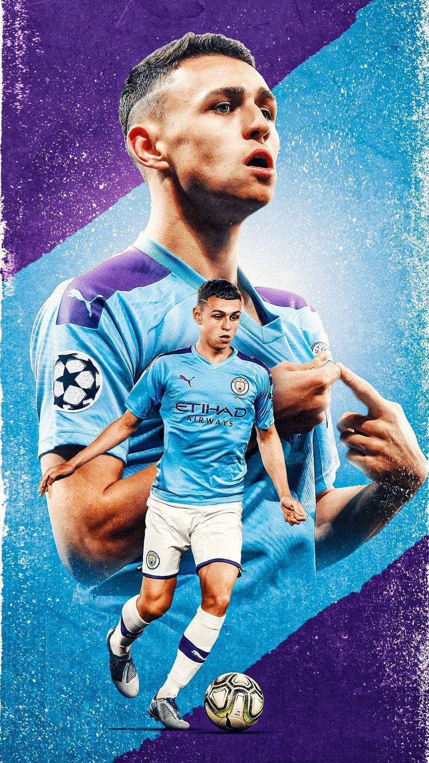 Phil Foden, light blue Manchester City jersey, vibrant purple and blue textured background, HD Phone Wallpaper