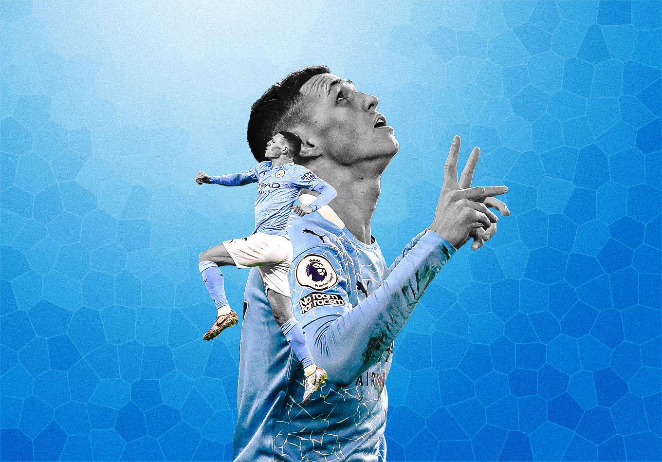 Phil Foden, blue jersey, blue hexagonal patterned background, HD Desktop Wallpaper