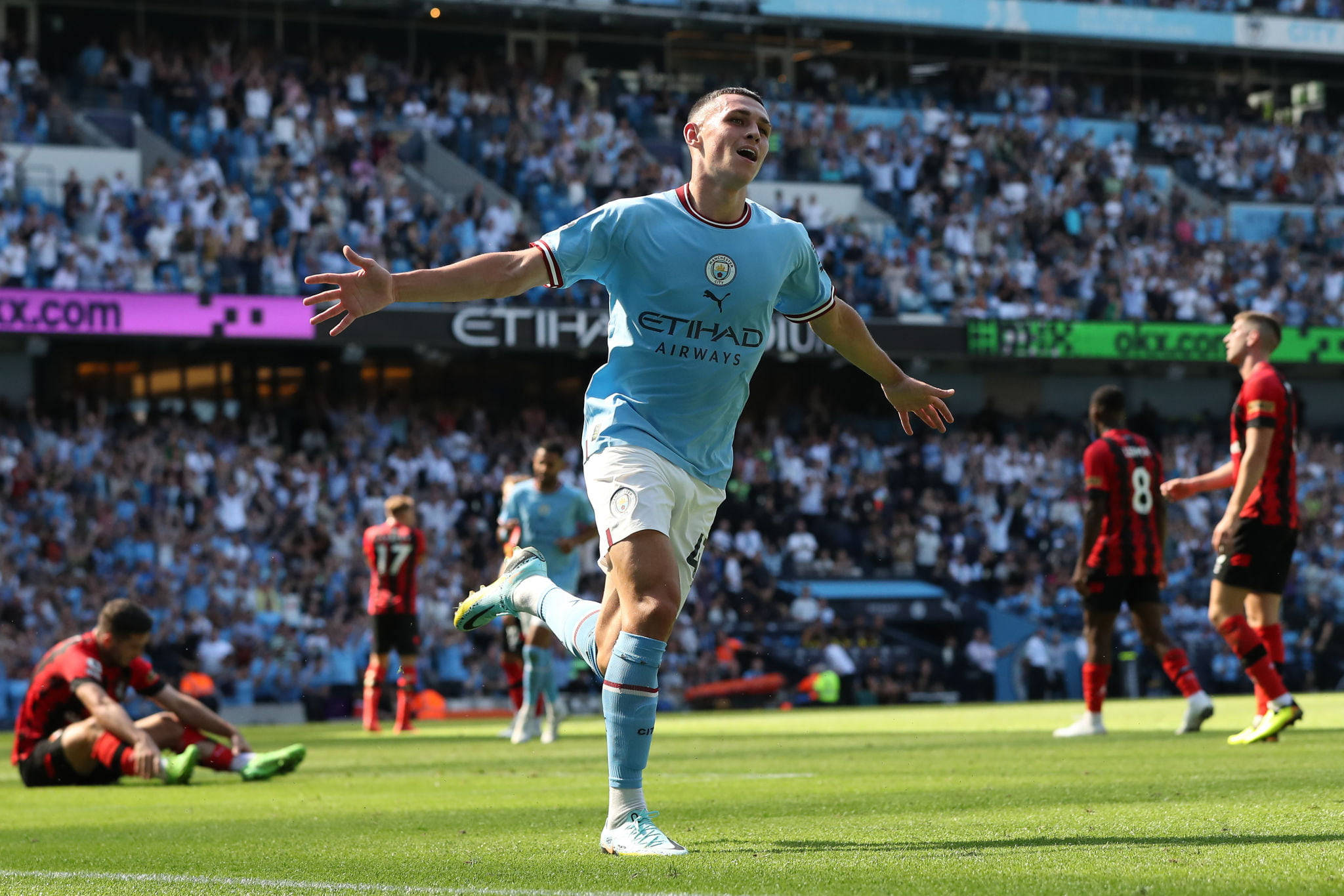 Phil Foden, light blue jersey, green pitch, Full HD Desktop Wallpaper