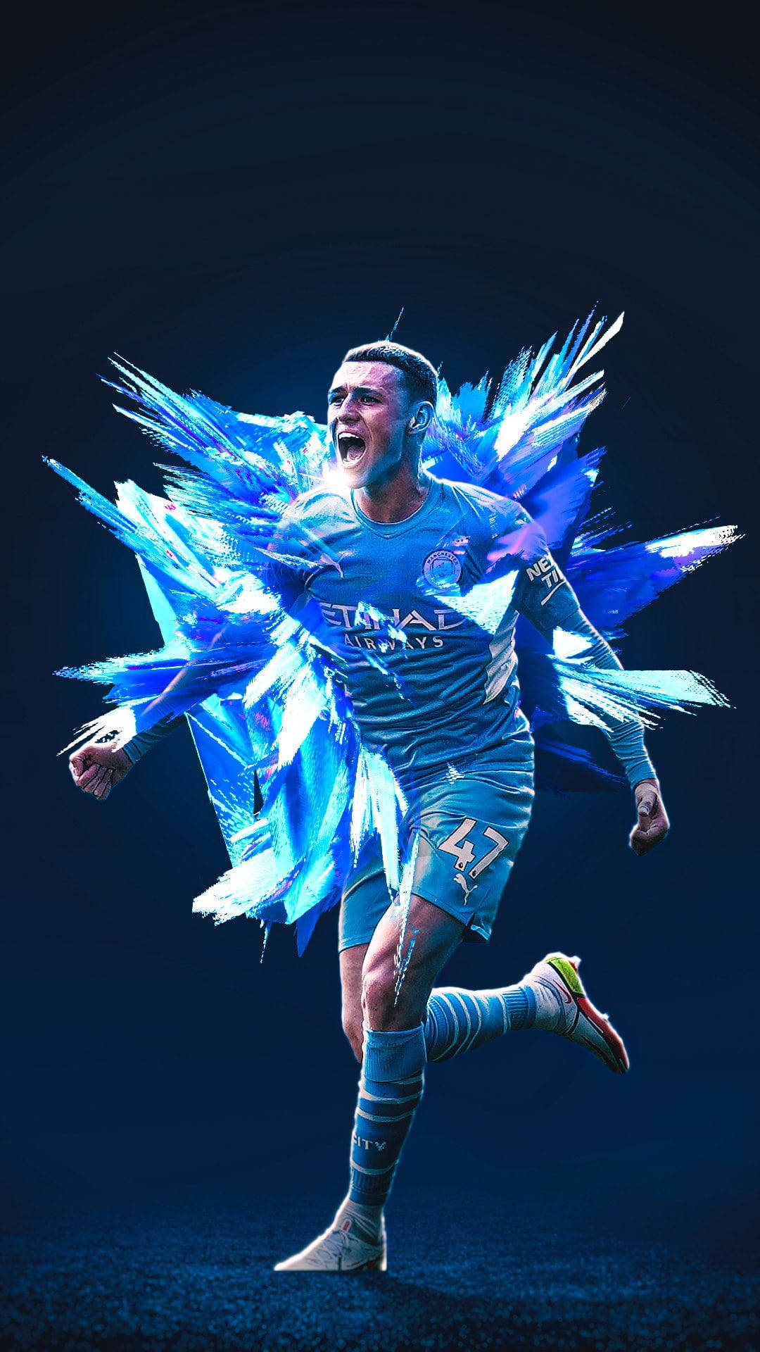 Phil Foden, blue jersey, vibrant blue energy shards, Full HD Phone Wallpaper