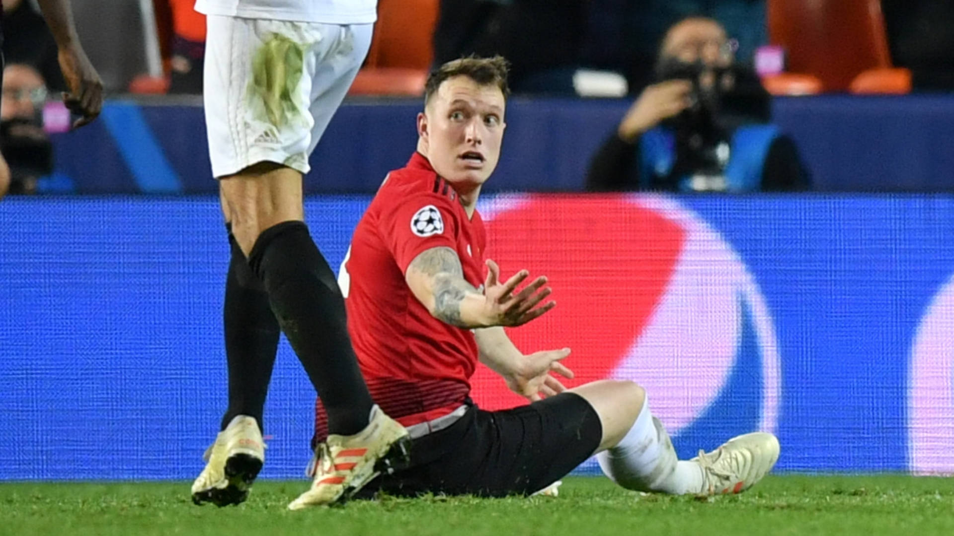 Phil Jones, red jersey, grass, Full HD Desktop Wallpaper