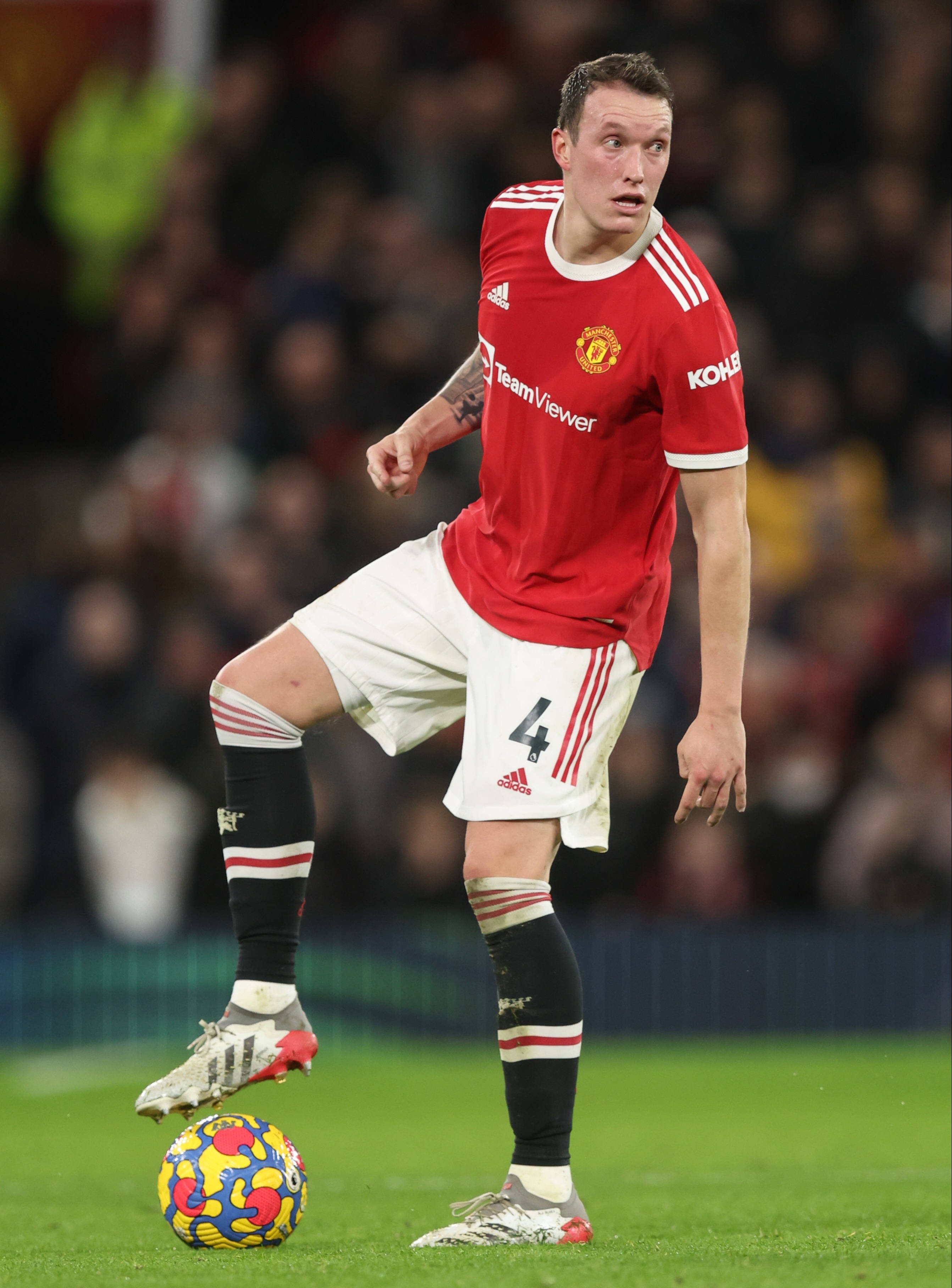 Phil Jones, red Manchester United jersey, colorful ball, 2K Phone Wallpaper