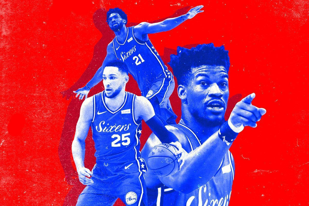 Philadelphia 76ers, blue jerseys, textured red background, SD Desktop Wallpaper