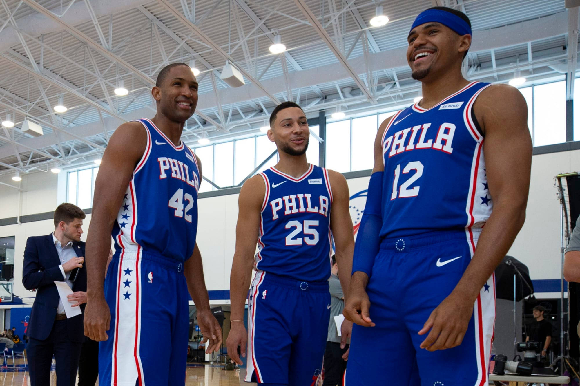 Philadelphia 76ers, blue star-patterned jerseys, indoor gym, Full HD Desktop Wallpaper