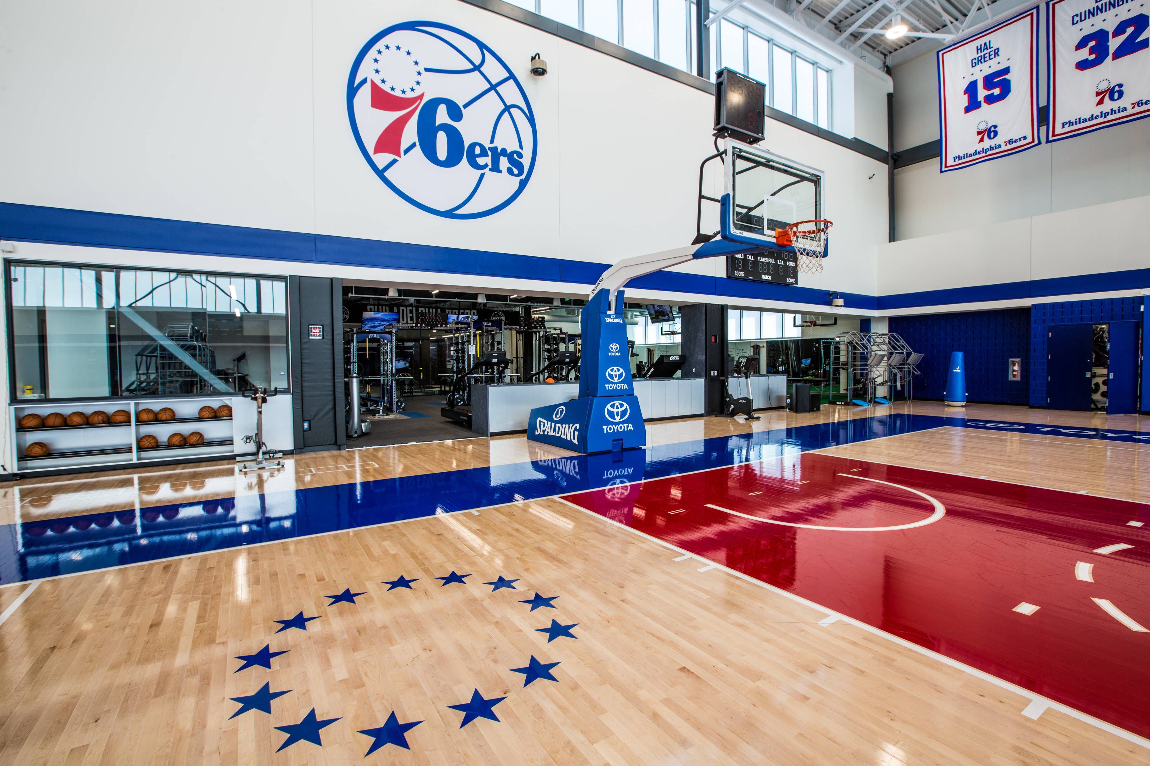 Philadelphia 76ers, polished wood floor, blue red accents, 4K Desktop Wallpaper