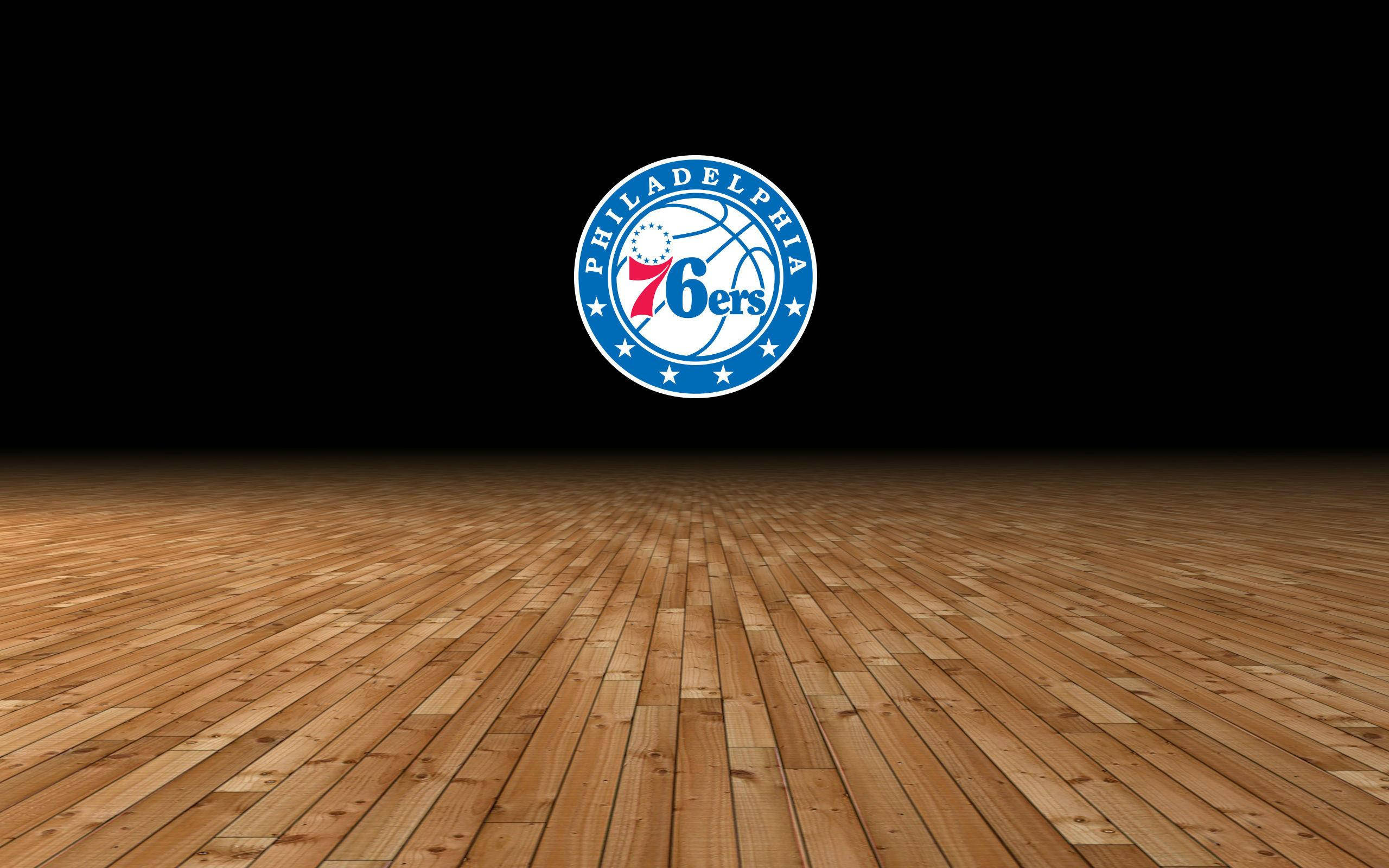 Philadelphia 76ers, sixers team logo, polished wooden basketball court floor, 2K Desktop Wallpaper