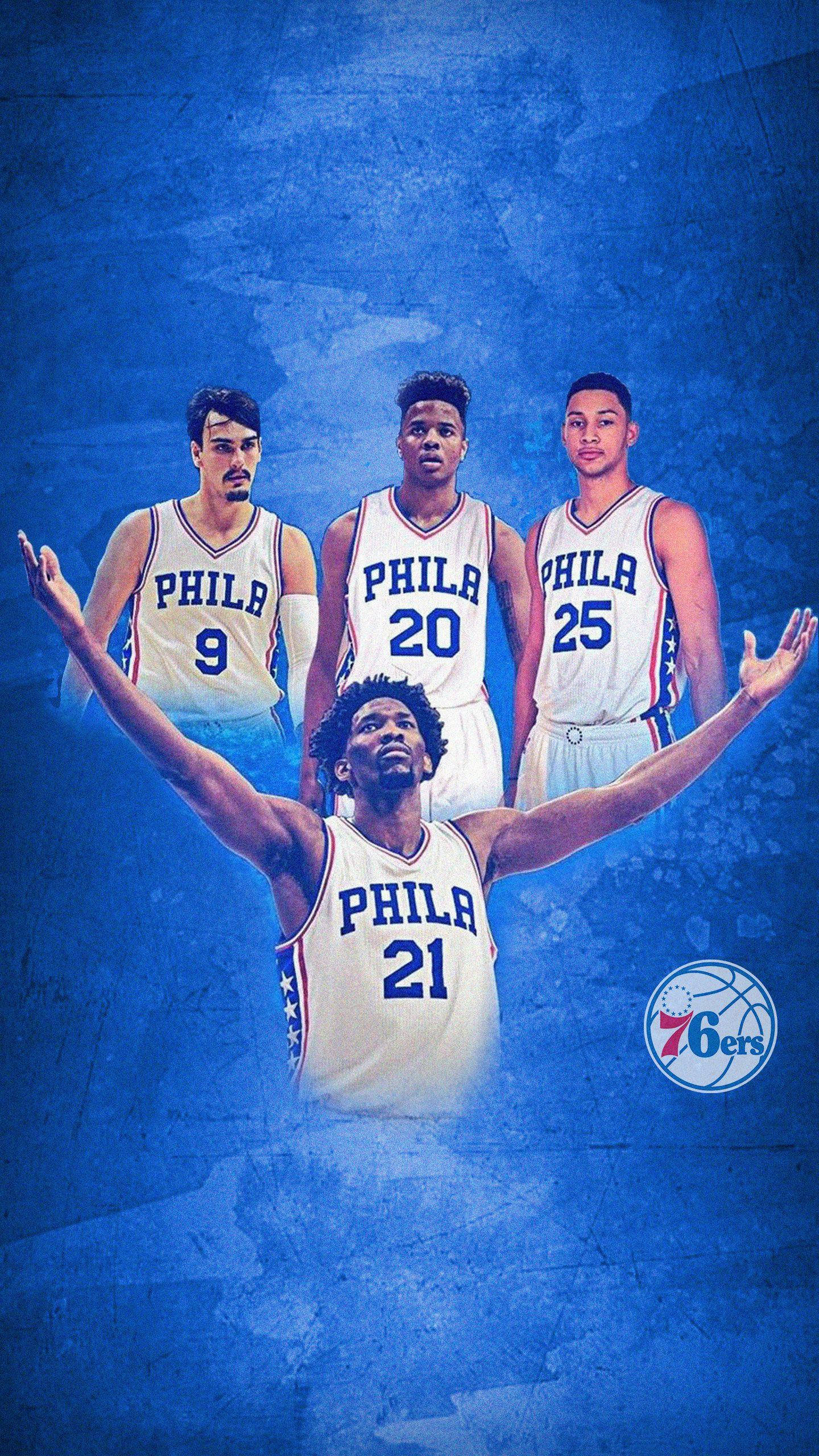 Philadelphia 76ers, white jerseys, textured blue background, 2K Phone Wallpaper