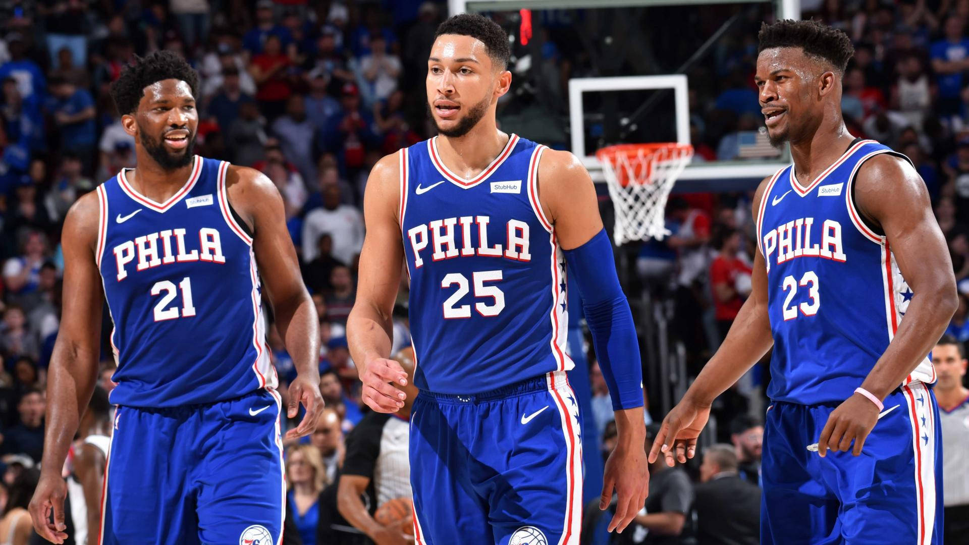 Philadelphia 76ers, blue jerseys, brightly lit court, Full HD Desktop Wallpaper