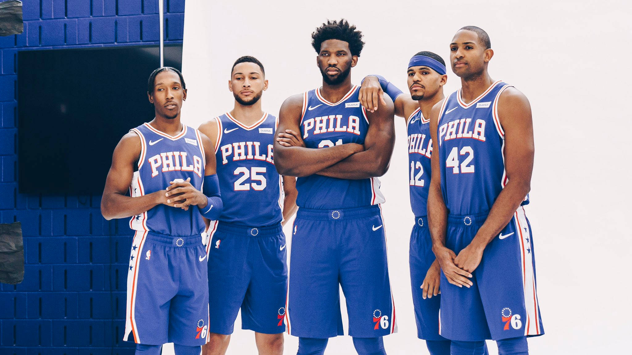 Philadelphia 76ers, blue uniforms, blue brick wall, Full HD Desktop Wallpaper
