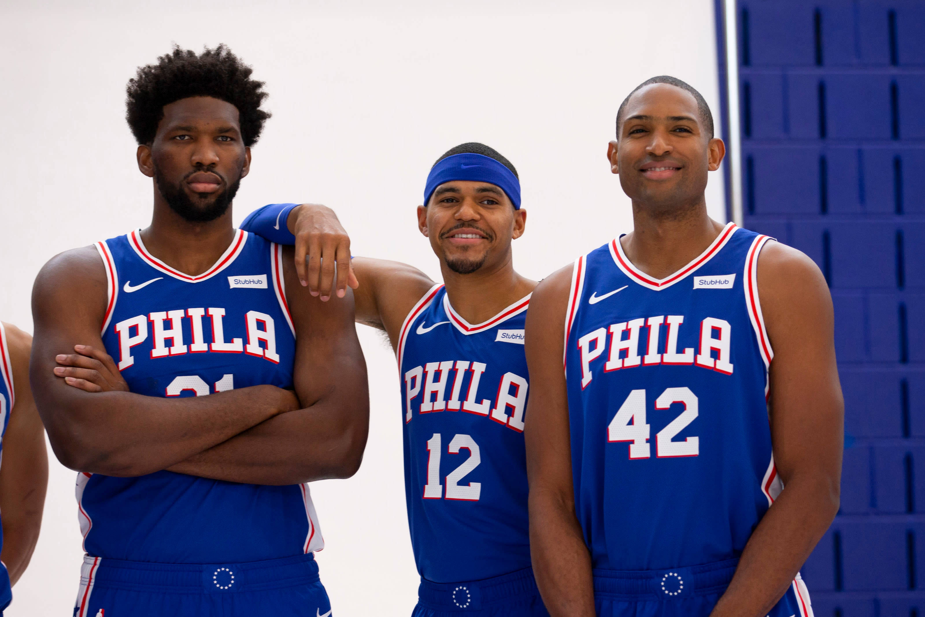 Philadelphia 76ers, blue jerseys, plain white and blue background, 2K Desktop Wallpaper
