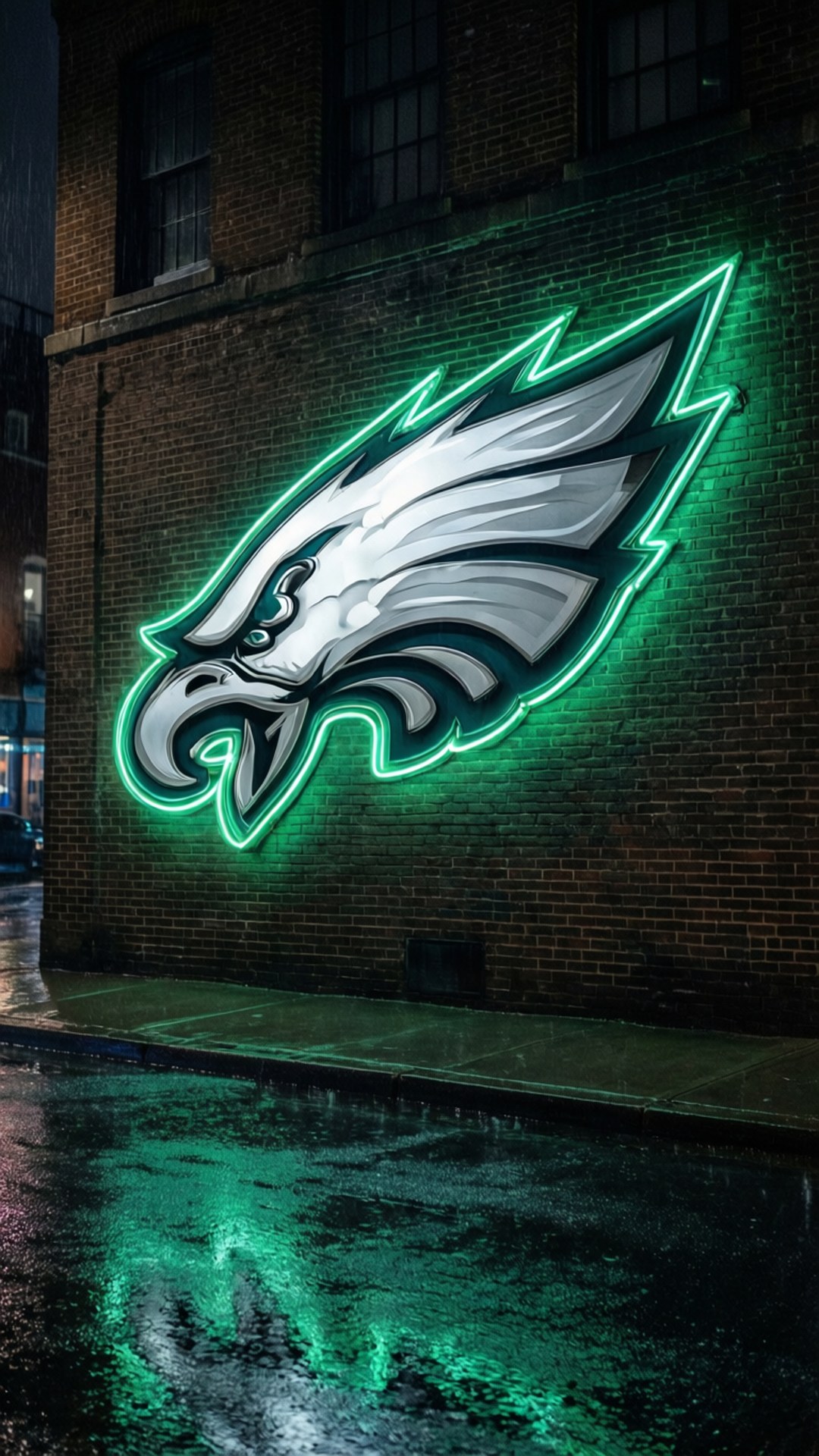 Neon Eagles, glowing green neon Philadelphia Eagles logo, wet brick wall, Full HD Phone Wallpaper