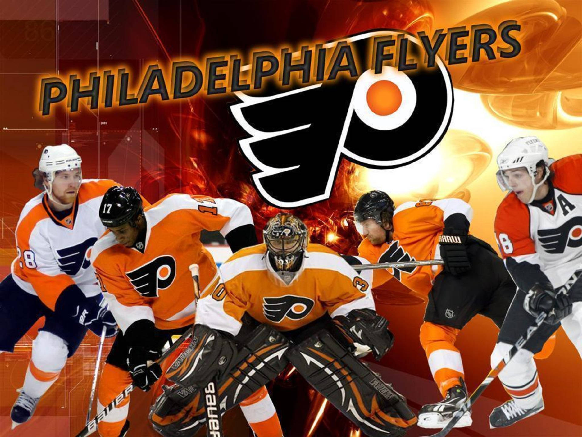 Philadelphia Flyers, ice hockey team, fiery orange and black background, Full HD Desktop Wallpaper