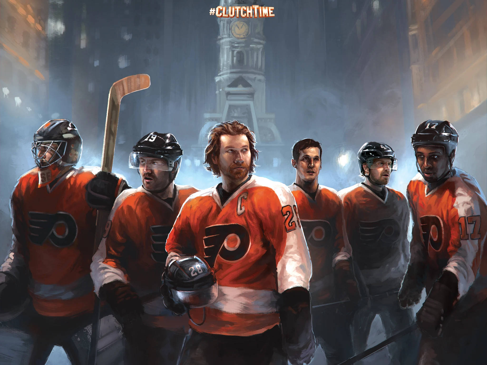 Philadelphia Flyers, orange jerseys, misty urban night scene, Full HD Desktop Wallpaper