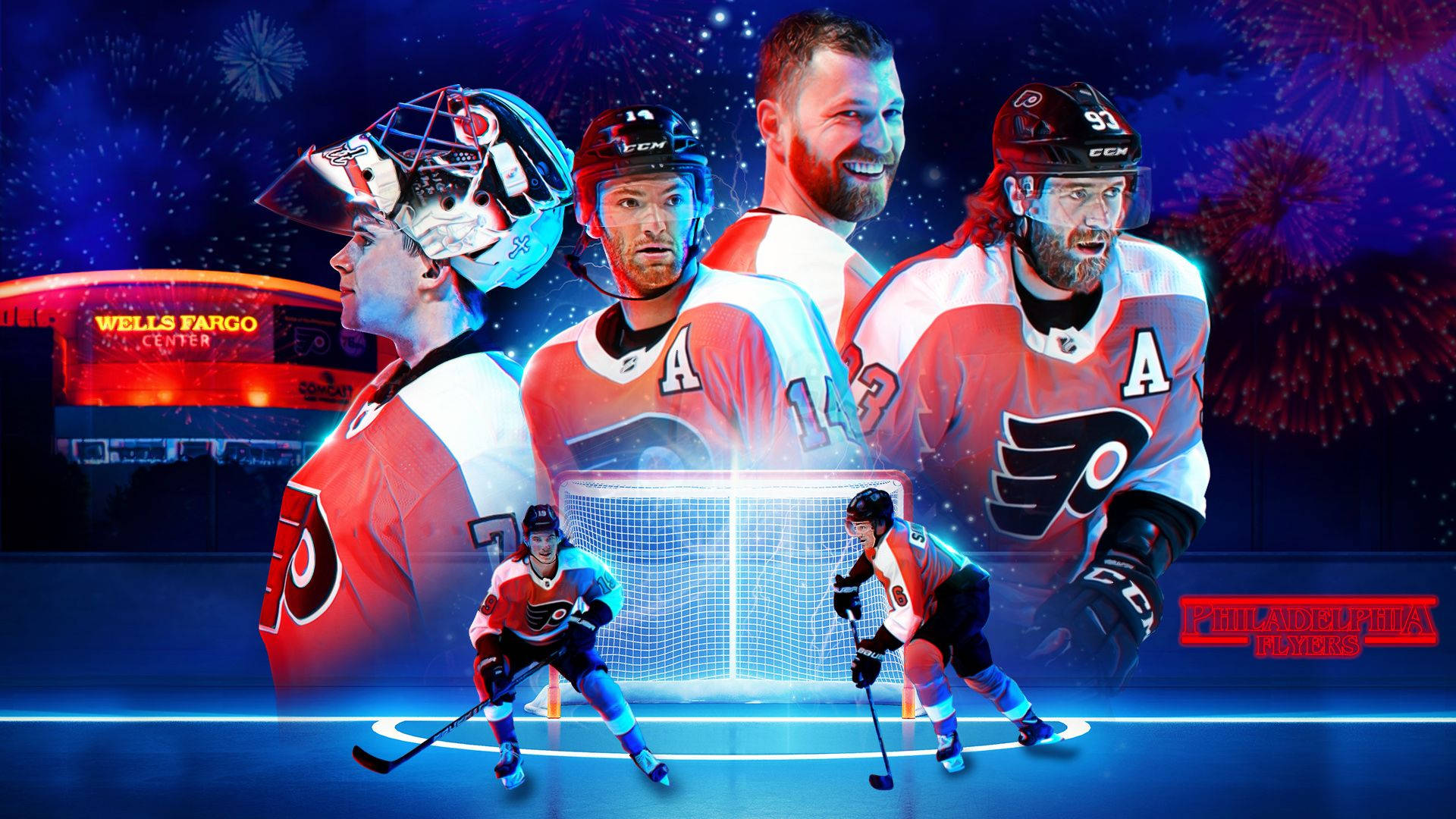 Philadelphia Flyers, ice hockey team, hockey players in action poses, Full HD Desktop Wallpaper